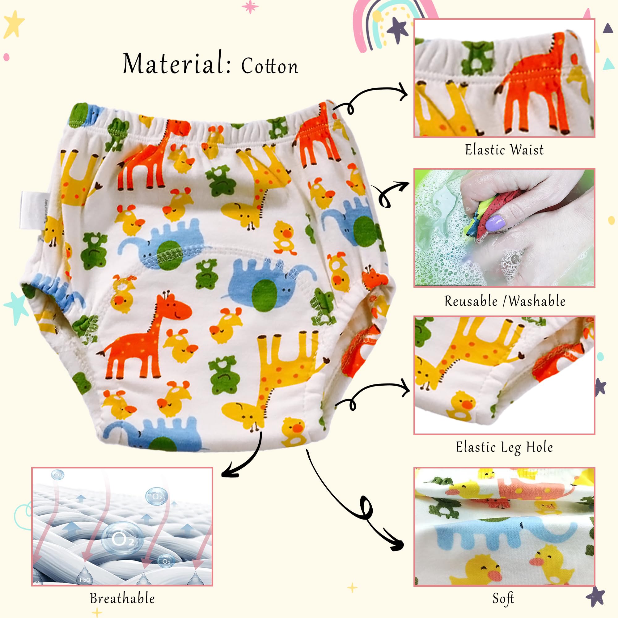 Culotte d'apprentissage Propreté pour Fille Couche Propreté Enfant Lavable Coton Slip Apprentissage Nuit Anti Fuite Arc-en-ciel Éléphant Lapin Imprimée Rose Blanc Bleu pour 2-4 Ans, Lot de 4