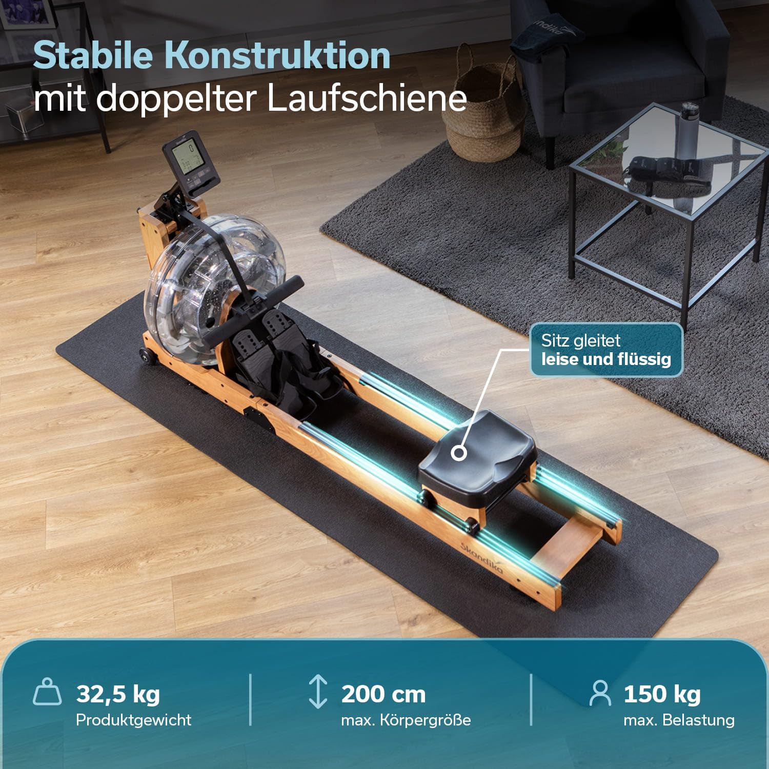 Skandika Rudergerät Wasser aus Holz Lykke | Wasser Rudergerät für Zuhause, 45% mehr Widerstand mit 90° Tank, aus massiver europäischer Buche, Kinomap App kompatibel, Wasserrudergerät platzsparend