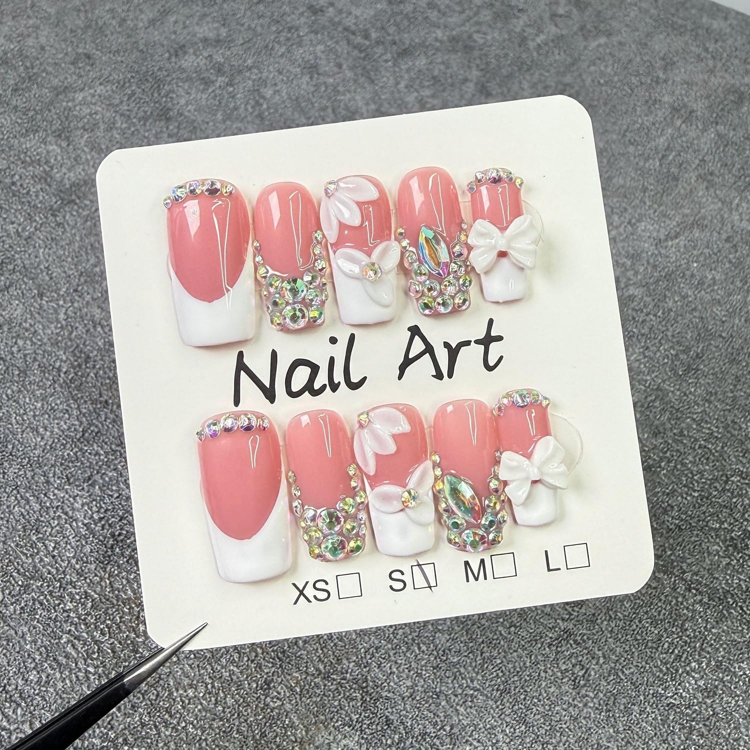 Luxury Press on Nails Medium Square Handmade 3D Unique Reusable ABS Material Fake Nails White French Tip False Nails with Rhinestones Flower Designs Elegant Glossy Glue on Nail Thick Acrylic Nail(M)