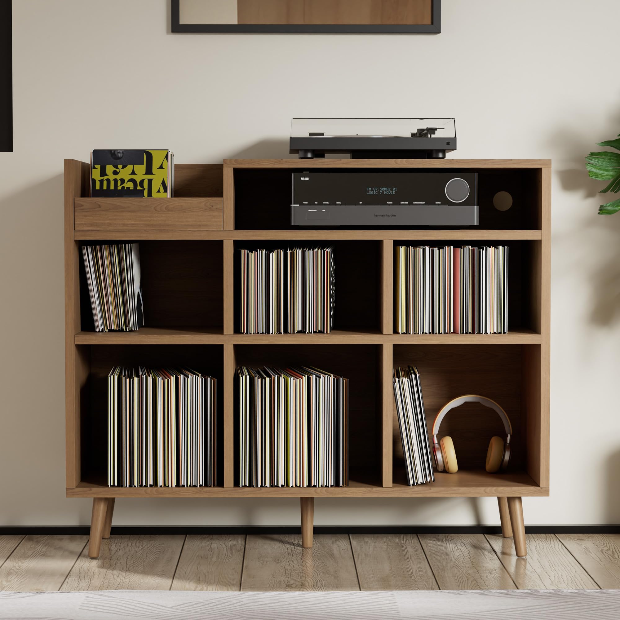 Cozy Castle Record Player Stand with Open Vinyl Storage, Record Player Table Holds up to 500 Albums, Vinyl Record Player Shelf with Power Outlet for Living Room, Brown