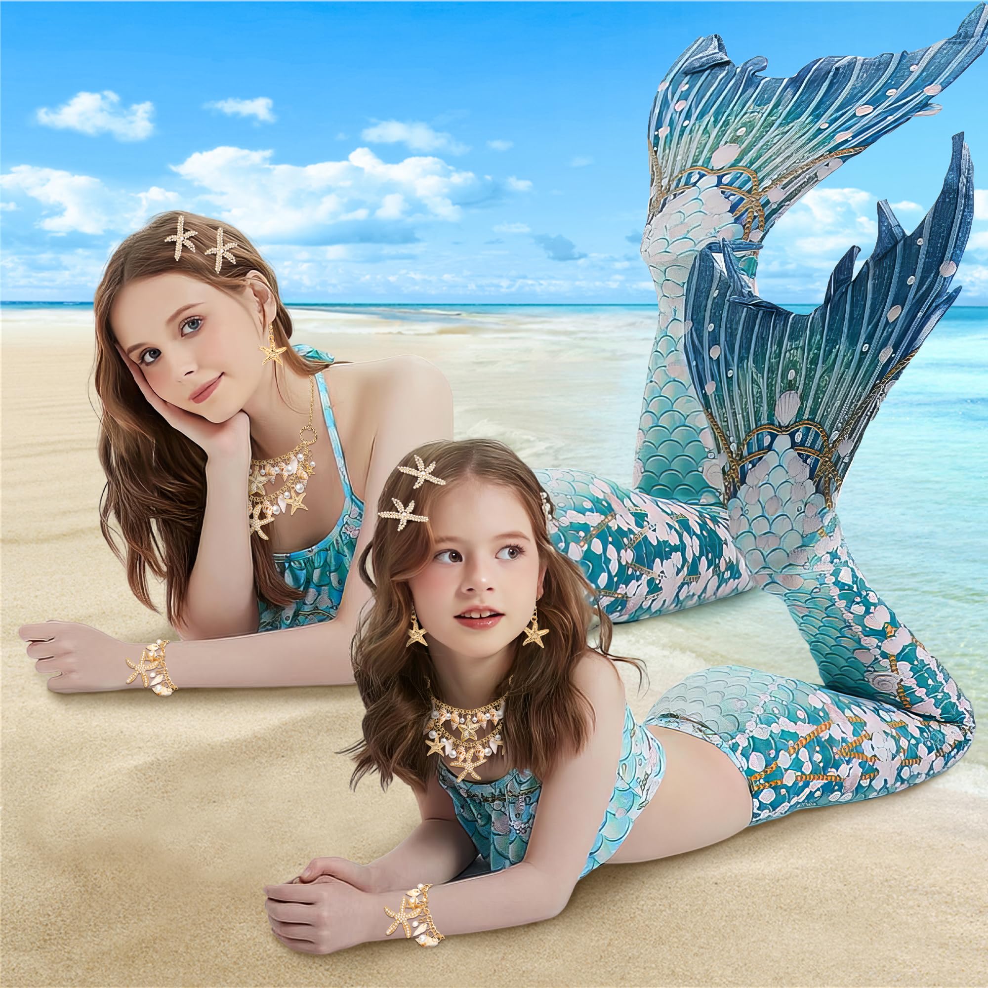 Women Mermaid Costume Jewelry Set, Mermaid Accessories with Starfish Seashell Necklace Bracelet Hair Clip Earrings