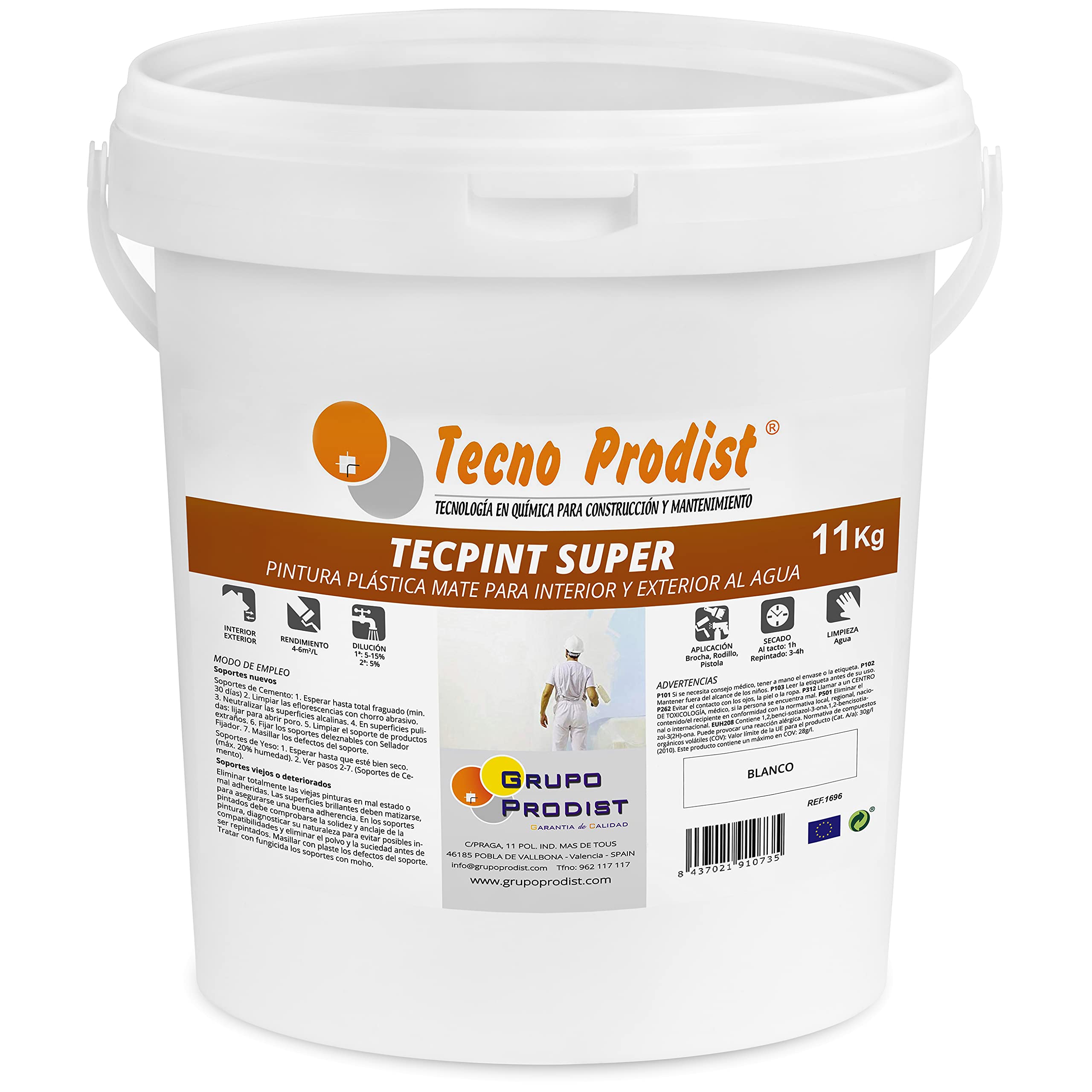 Tecno Prodist TECPINT SUPER by 11 Kg (BIANCO) Idropittura per Interni ed Esterni – Pittura ad acqua di ottima copertura e bianchezza – Idropittura Lavabile - Facile Applicazione