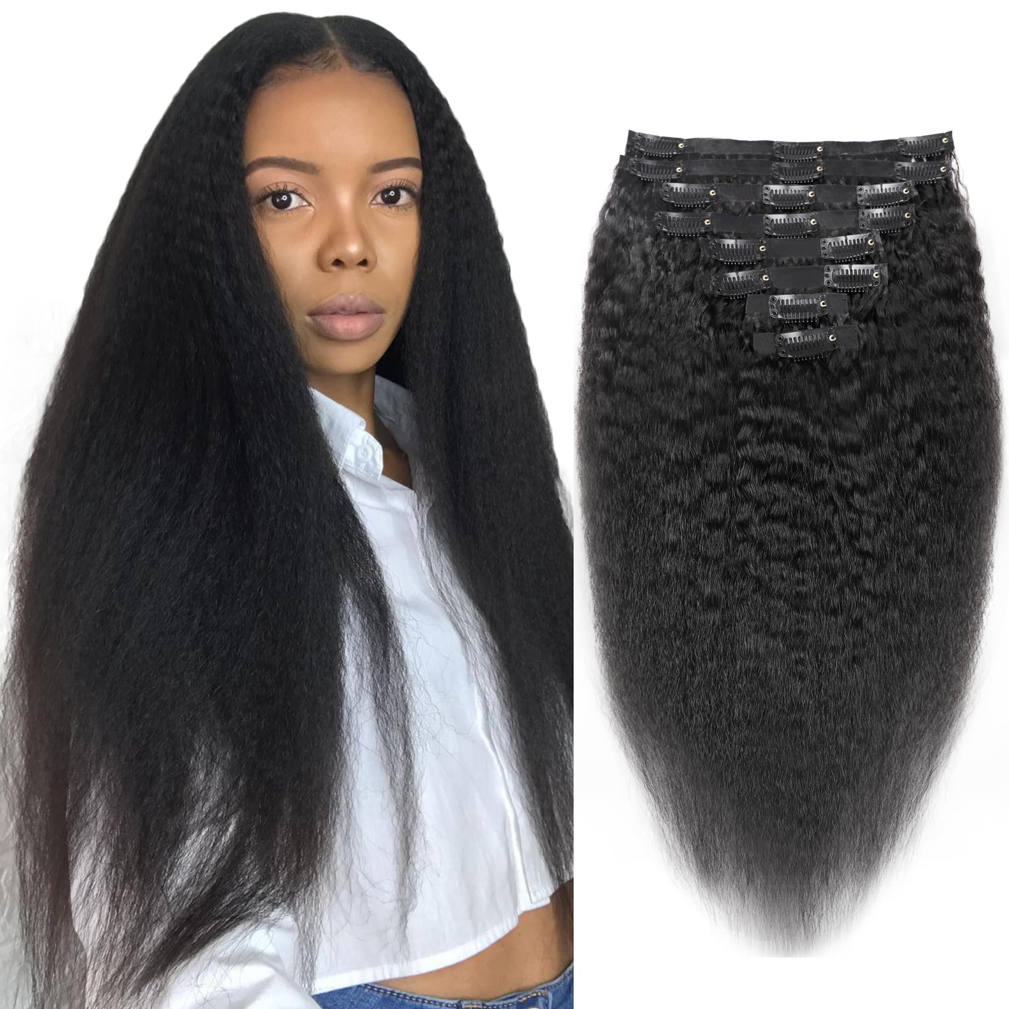 Seamless Clip in Hair Extensions Real Human Hair Kinky Straight Clip ins Brazilian Virgin Human Hair Extensions for Women 8Pcs PU Clip in Remy Hair Skin Weft 18Clips 120g (18inch,Natural Black)