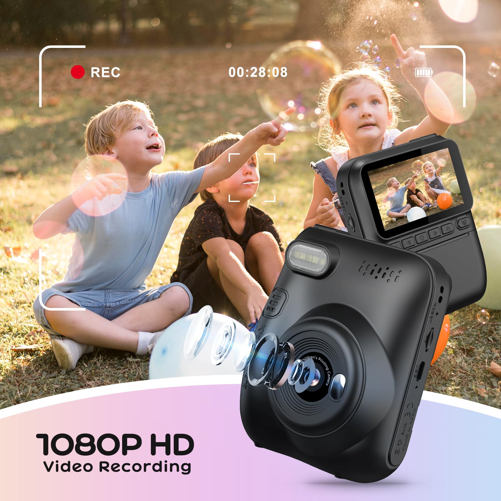 GREENKINDER Macchina Fotografica Bambini Istantanea, 3,0 Pollici 14MP Fotocamera Istantanea Bambini con 32GB Scheda, 1080P Fotocamera Digital per Bambini, Giocattolo Regalo per Bambino da 3-12 Anni