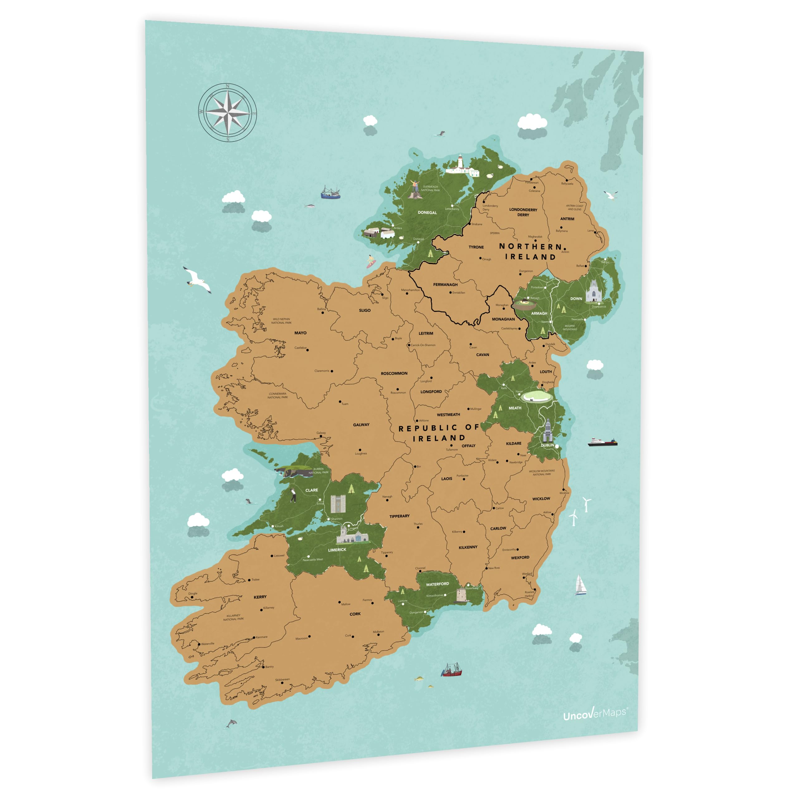Mapa para rascar de Irlanda póster de viaje A2 cartografía ilustrada y decoración artística mural