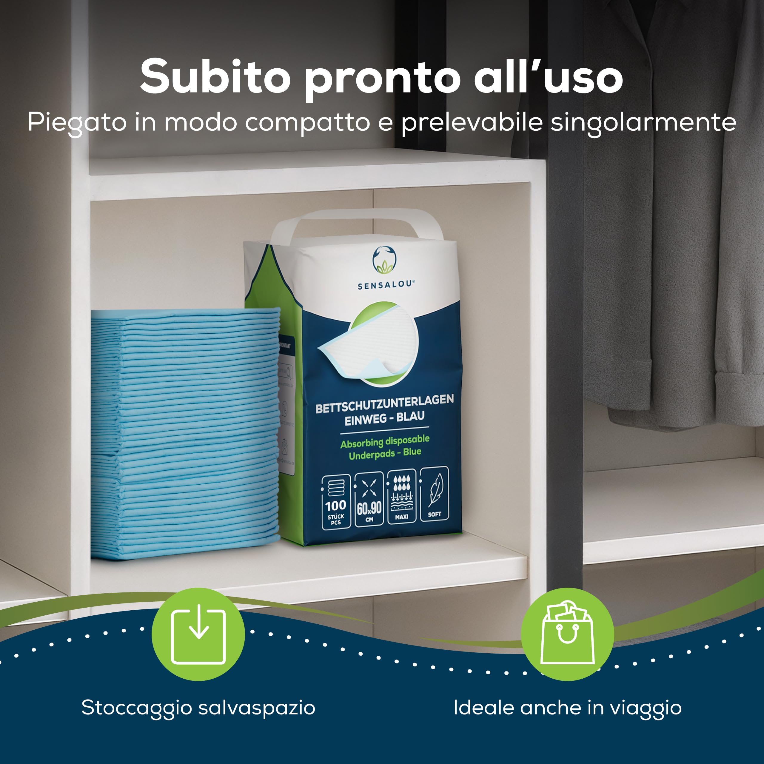 Sensalou Traversine Incontinenza 60x90 cm – 50 Pezzi – Teli Monouso Impermeabili per Letto, Anziani, Bambini, Animali, Cambio Pannolino, Protezione Igienica, Assistenza Sanitaria, Cura Giornaliera