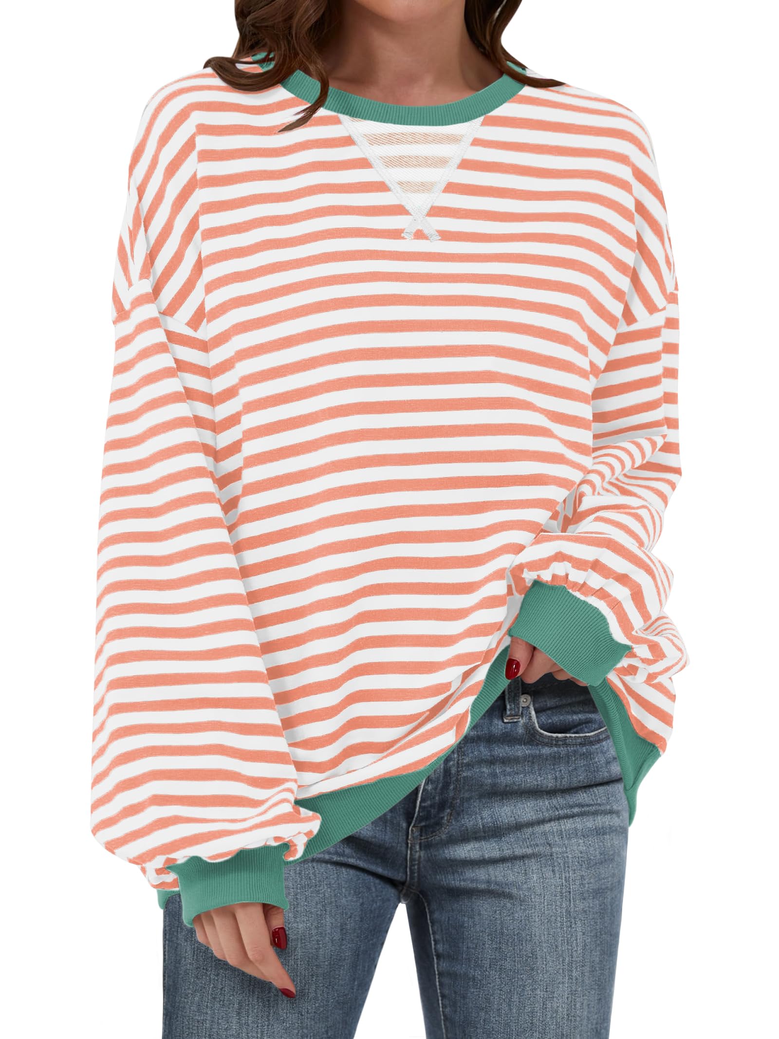 ANRABESS Women Striped Sweatshirts Oversized Crewneck Long Sleeve Shirts Y2K Pullover Top 2025 Fall Outfits Fashion Clothes