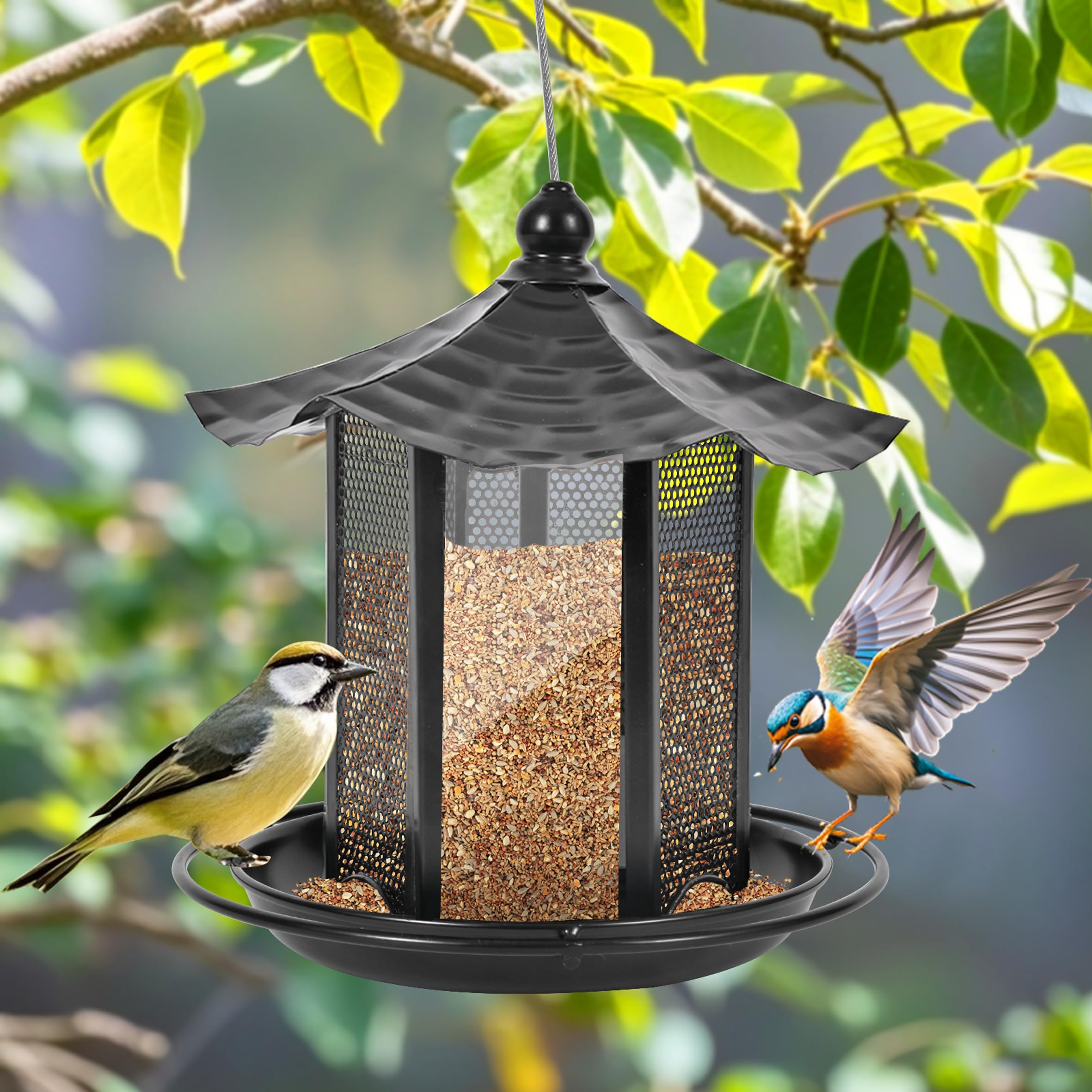 CVHOMEDECO. Mangiatoia per uccelli per esterni, da appendere, in metallo, per uccelli selvatici, decorazione esterna da giardino, cortile, a forma esagonale con tetto, nero