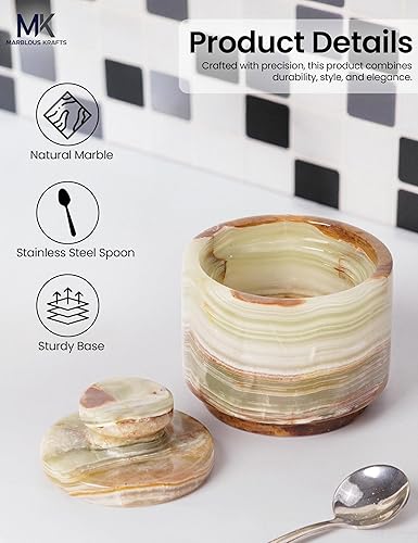 Miniatura 5 de Bodega de sal de mármol con tapa y cuchara de 3 pulgadas, plato de sal de piedra verde para almacenamiento de encimera de cocina, juego pequeño