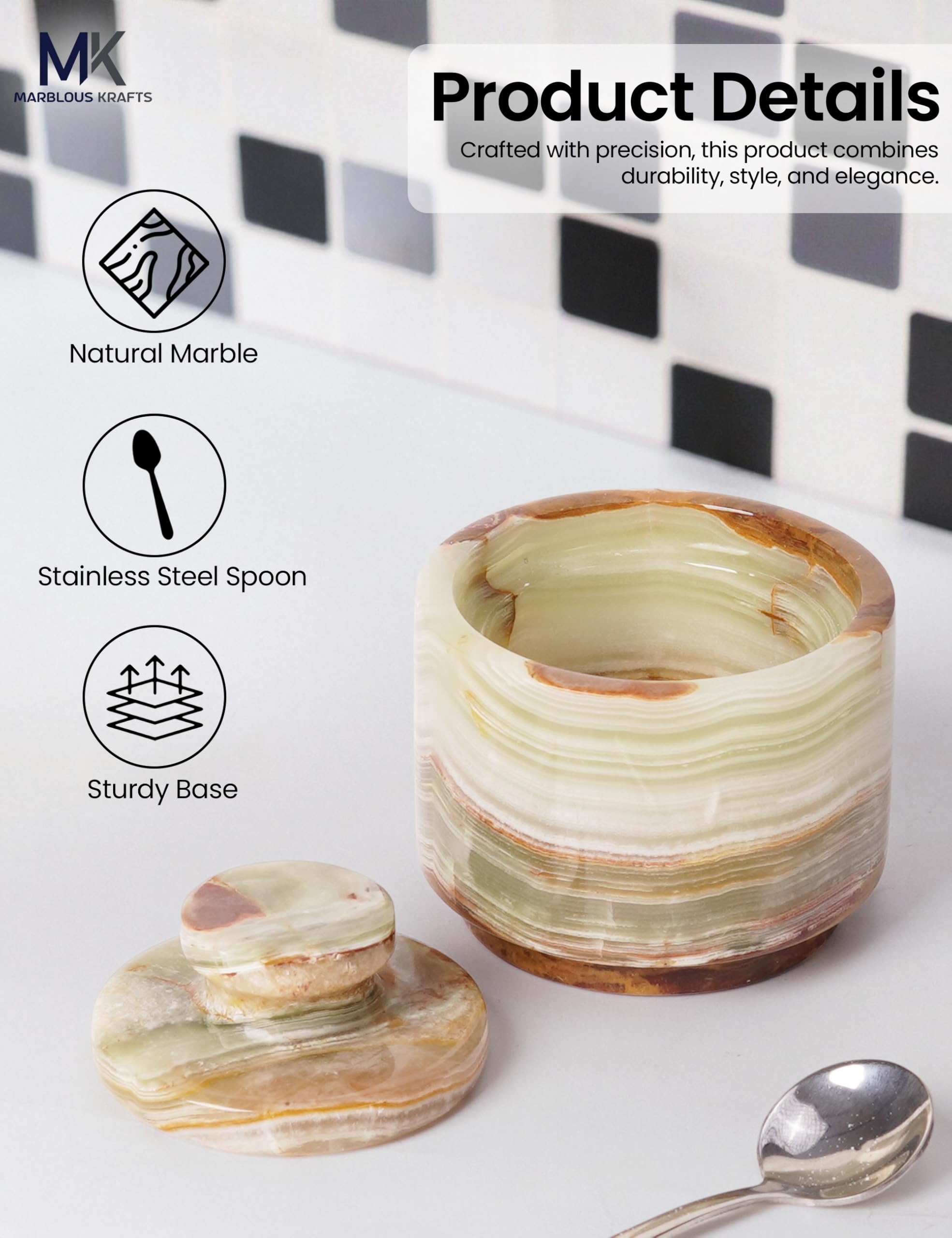 MARBLOUS KRAFTS Salière en marbre avec couvercle et cuillère, assiette à sel en pierre verte de 7,6 cm pour plan de travail de cuisine, petit ensemble décoratif avec 2 pots à épices