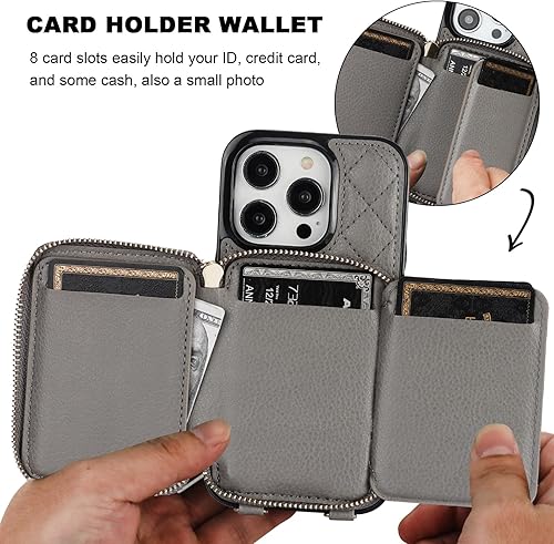 Miniatura 4 de Bocasal Funda tipo cartera cruzada para iPhone 14 Pro, bloqueo RFID, de piel sintética, con cremallera, funda tipo cartera con función atril y