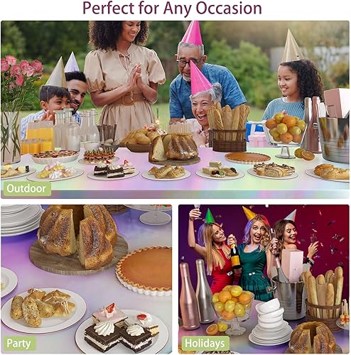 Miniatura 7 de Paquete de 4 manteles de plástico iridiscentes desechables, manteles de papel de aluminio brillante para mesas rectangulares, decoraciones de