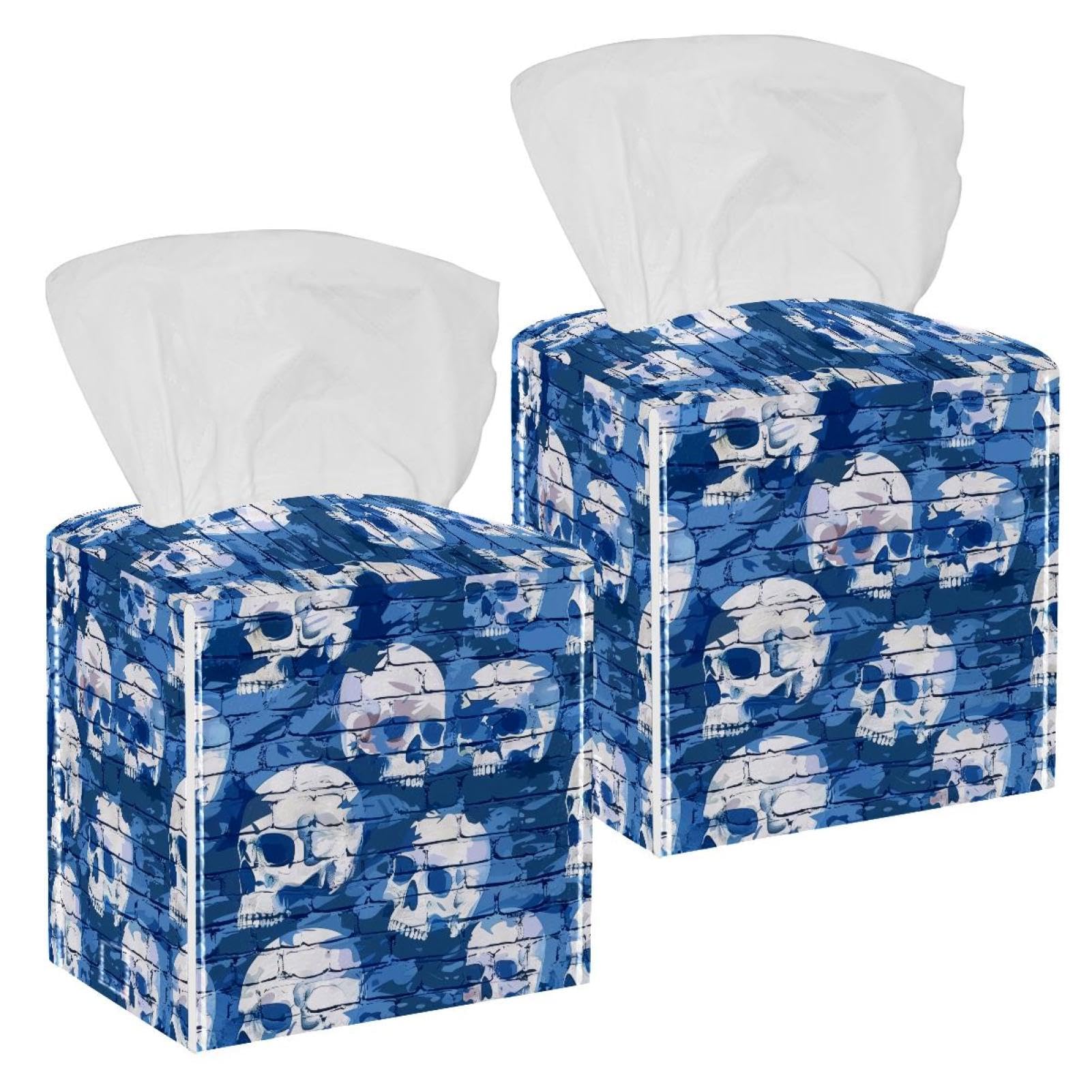 Camouflage Skulls Tissue Box Cover, 2 Pack PU Leather Square Facial Tissue Dispenser Box holder for Home Office Car