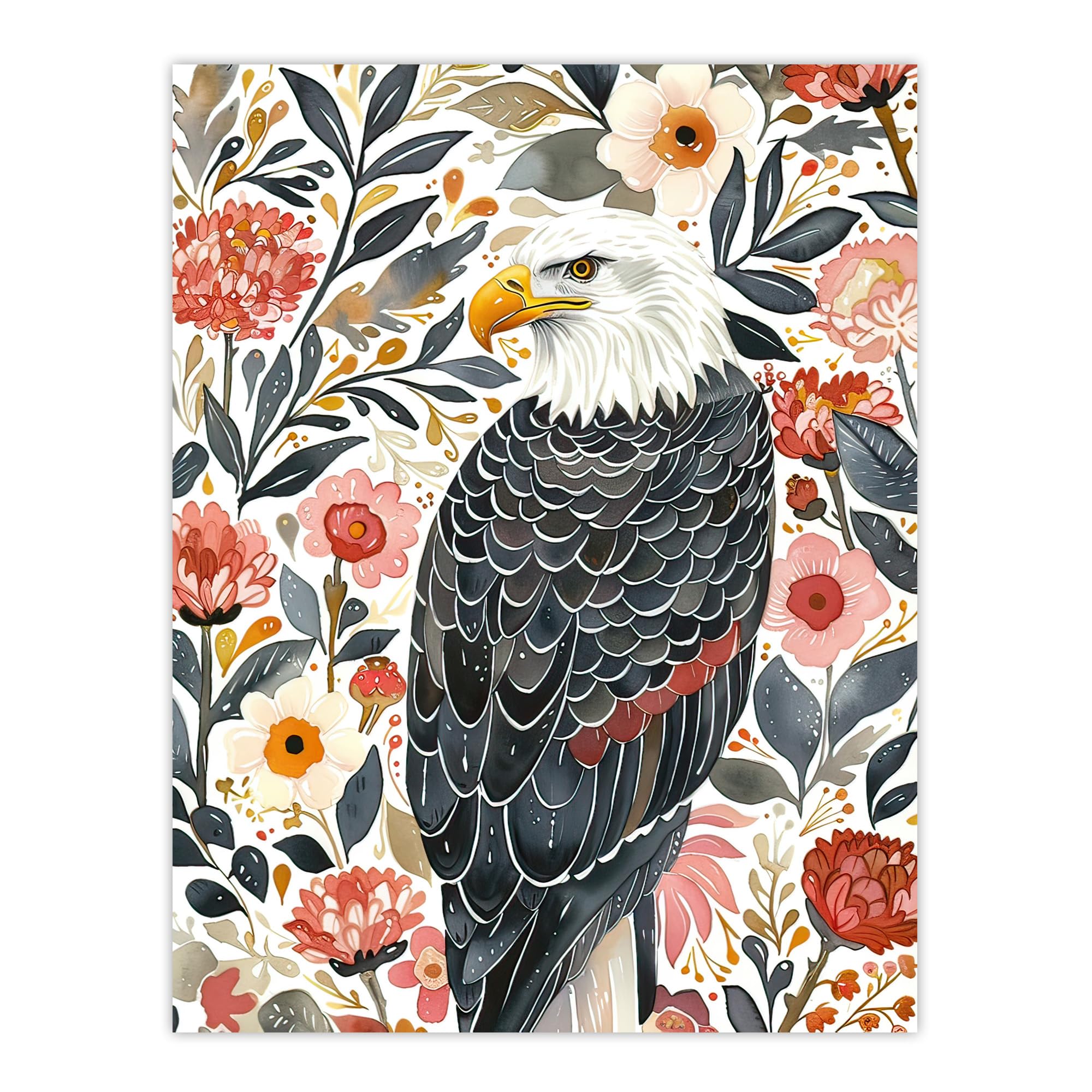 Artery8 American Bald Eagle Floral Watercolour Portrait Wall Art Print W18" x H24"
