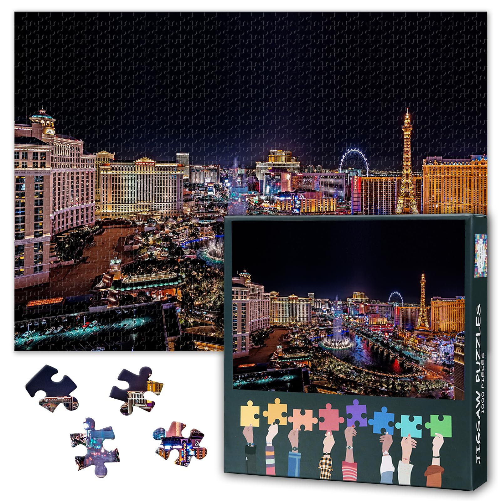 1000 Piece Jigsaw Puzzle for Adults - Las Vegas Night Skyline & Downtown City Landscape, Vibrant Neon Cityscape Art Puzzles, Premium Puzzle Board for Adults - 27.5x19.7 in