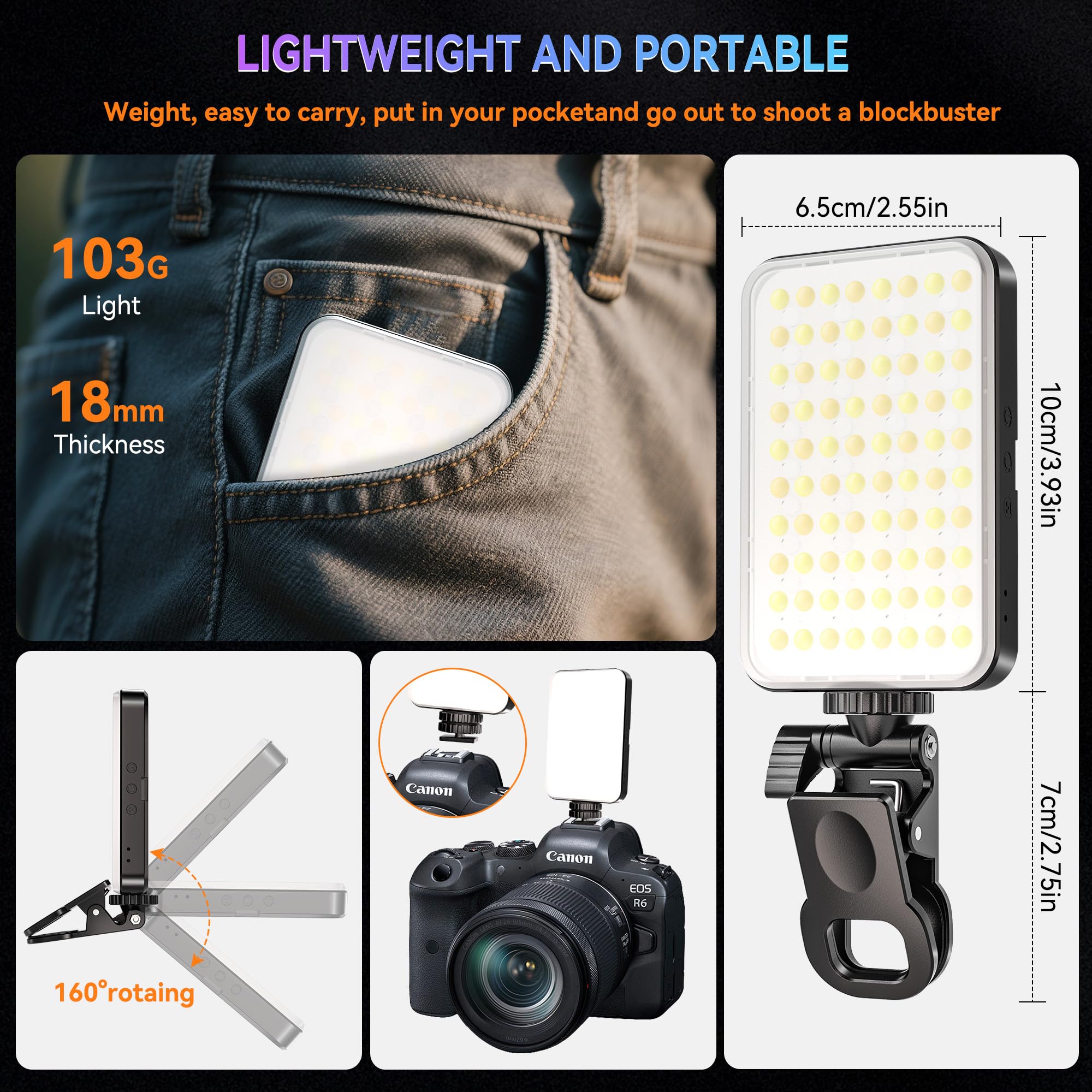 106 LED Selfie Licht Mit Clip | 3000K-7000K Farbtemperatur 2200mAh | Für Smartphone, Laptop & Kamera