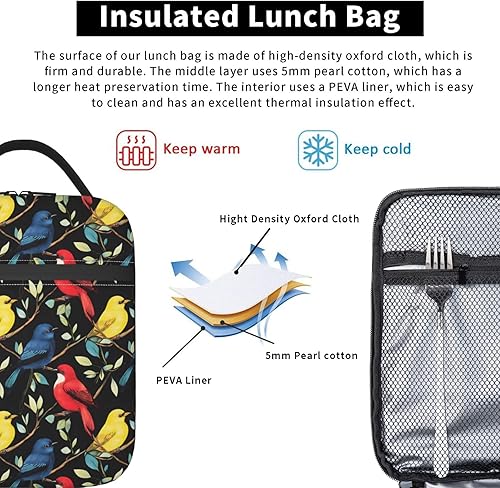 Miniatura 5 de Lonchera con diseño de pájaros para mujeres, niños, niñas y hombres, con aislamiento, para adultos, bolsas de almuerzo, reutilizable, para el
