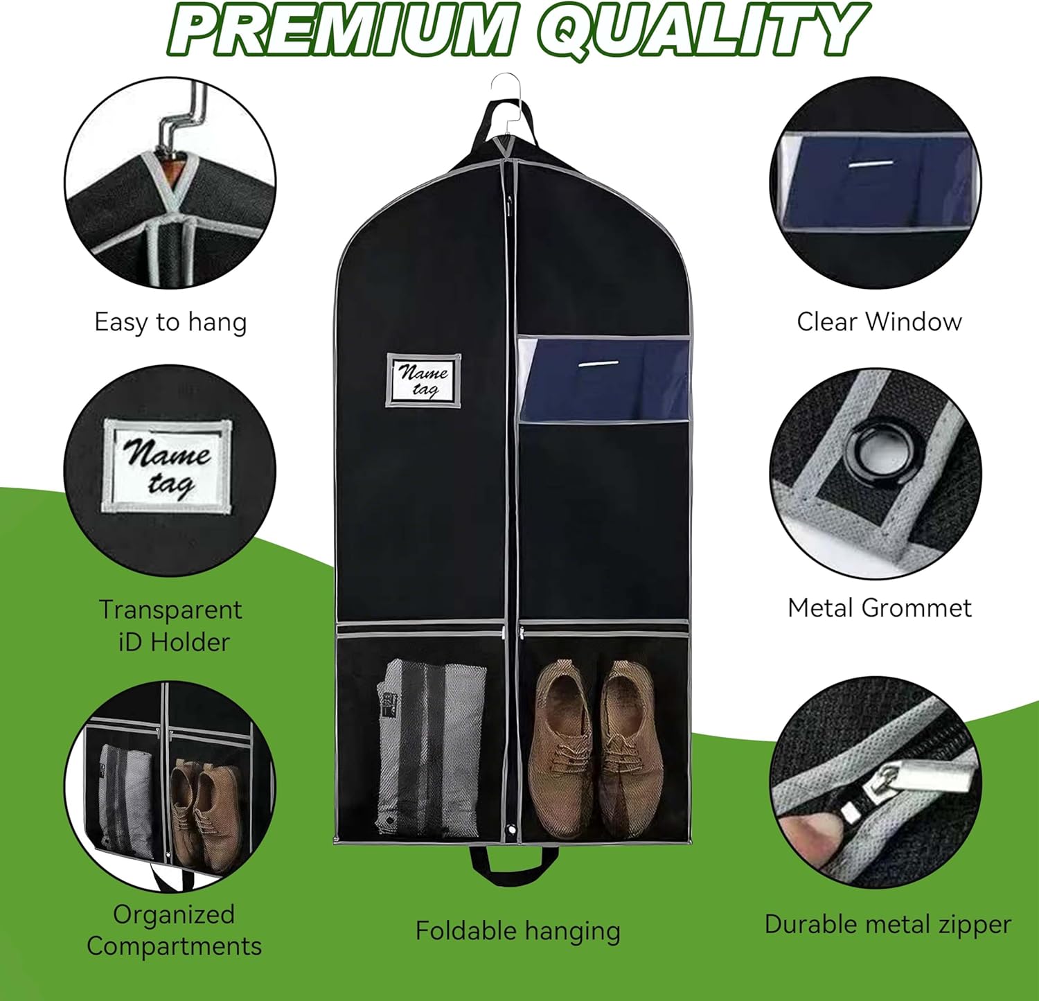 3 Pack Heavy Duty Garment Bag with Compartments, 43x24 Inch Hanging Storage for Hockey Jersey, Travel, Suits - Transparent ID Holder, Black (3)