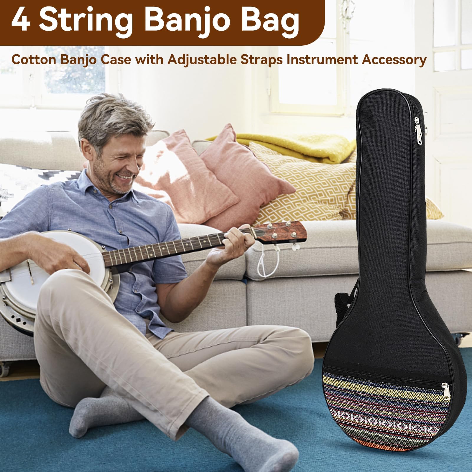 4 String Banjo Tasche, 63,5x26,5x7,5cm/25x10,4x3 Zoll Banjo Organizer Banjo Tasche 4-Saiten-Banjo-Tasche Gig Ethnischer Stil Banjotasche Baumwolle mit verstellbaren Riemen Instrumentenzubehör