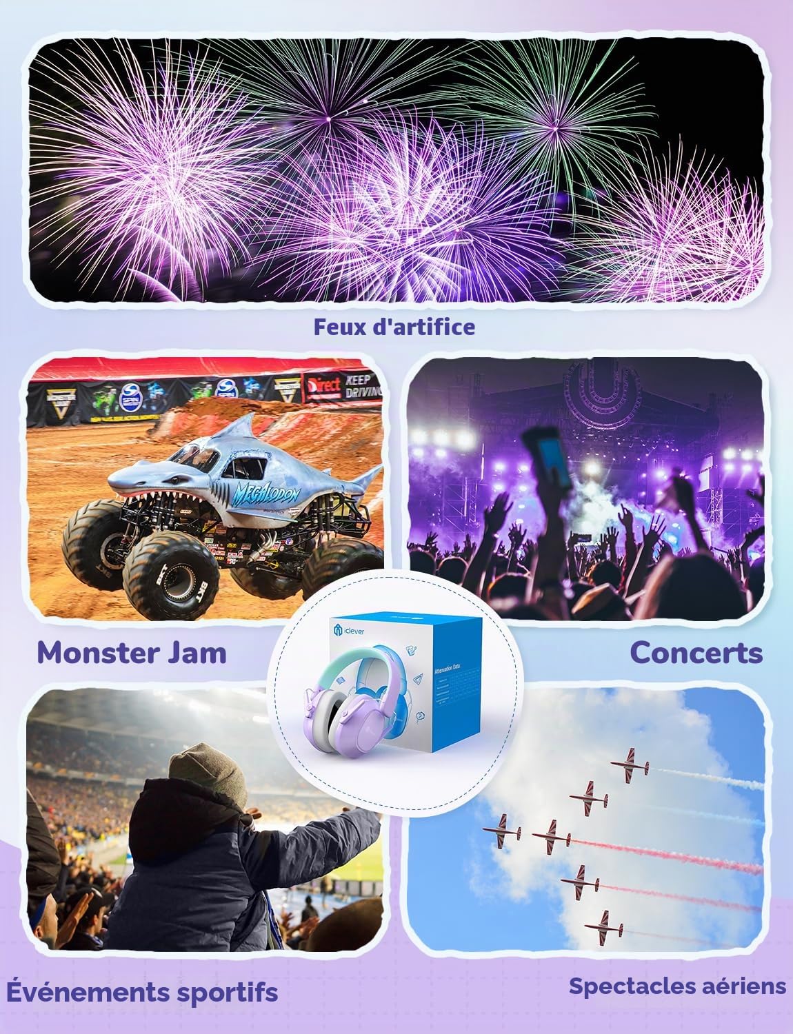 iClever Écouteurs antibruit pour enfants 26 dB NRR sécurité protection auditive Vert pourpre