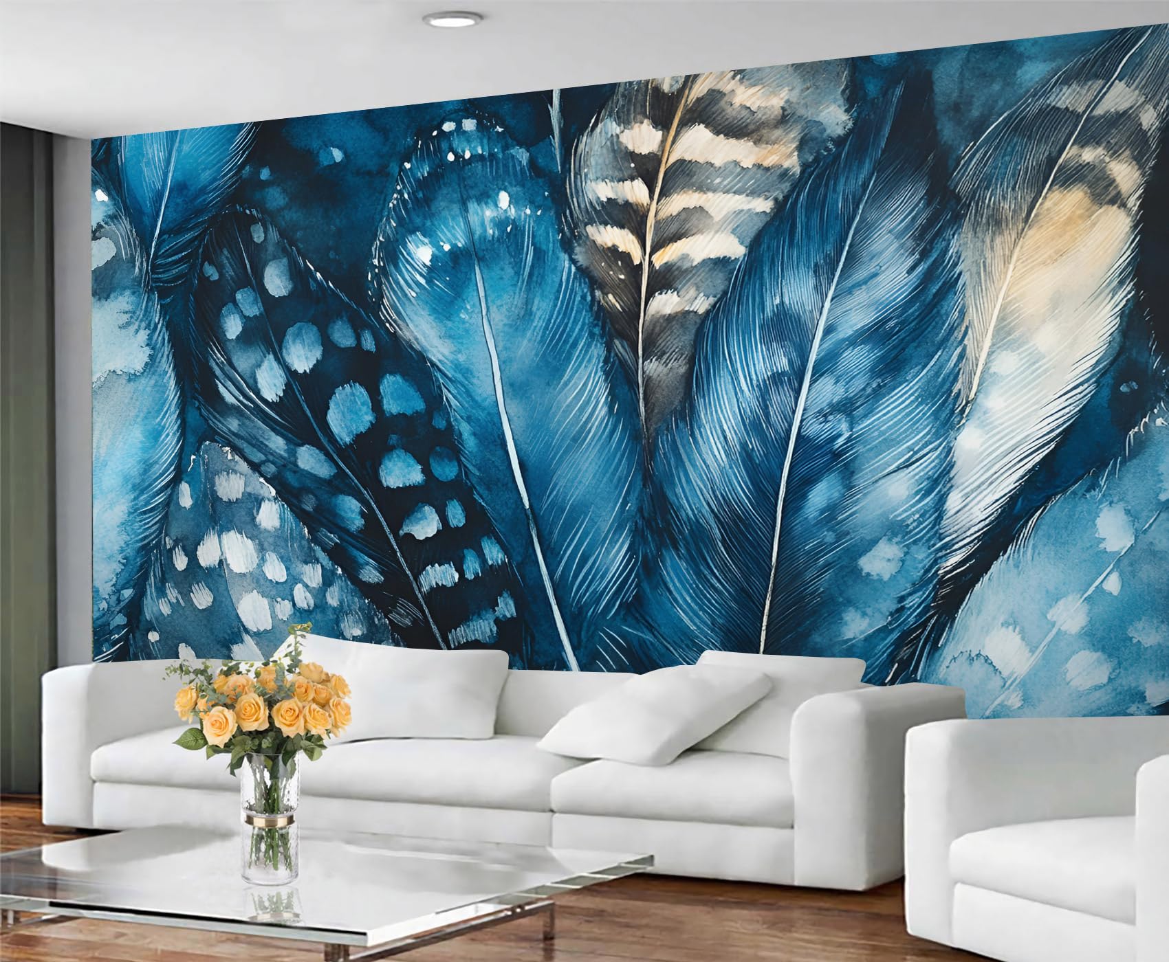 GIVLWF Wallpaper Feather Art Bedroom Wallpaper Murals, Luxury Blue Wall Paper for Living Room, Large Mural & Room Decor, Abstract Modern Wall Paper - Not Self Adhesive