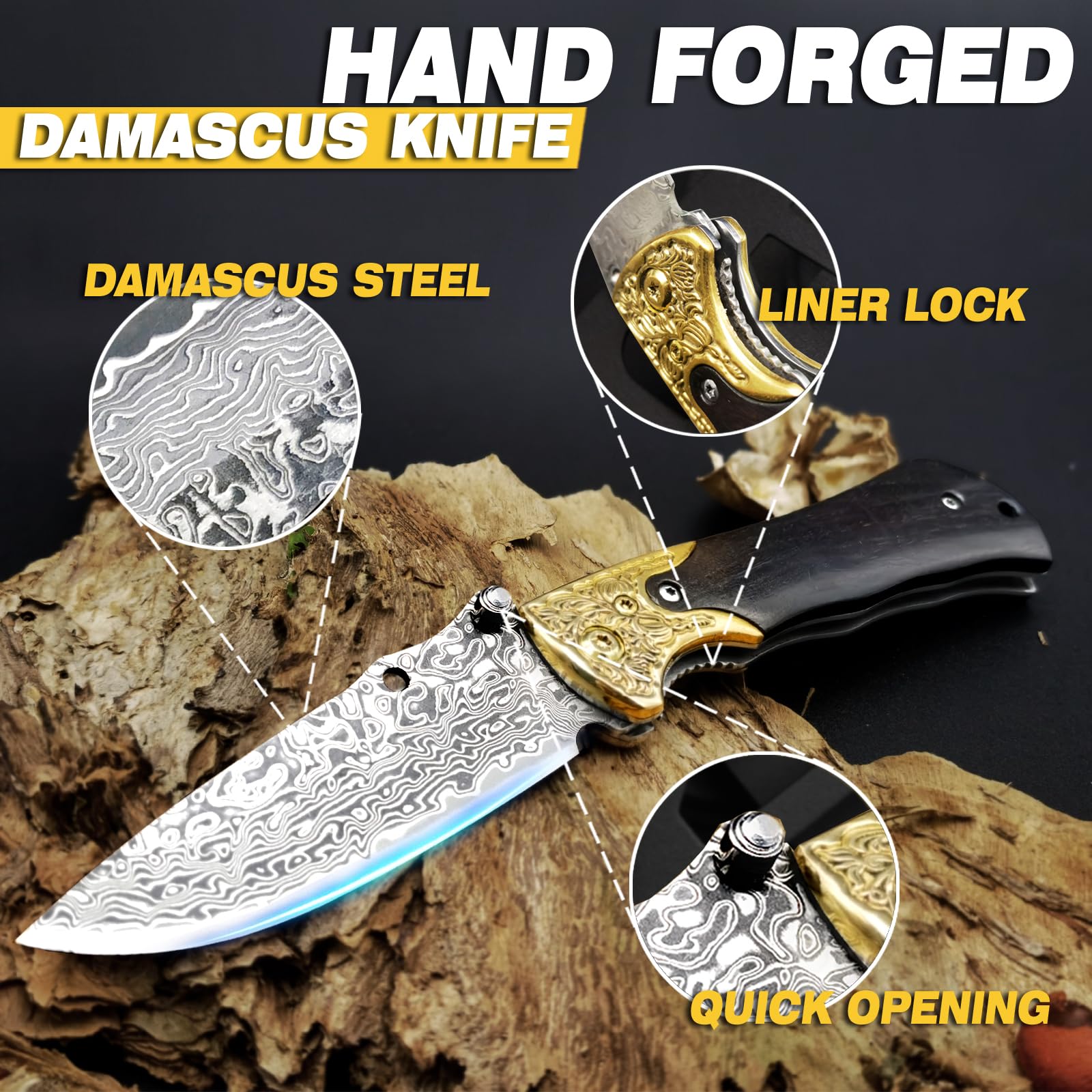 Damast Klappmesser, Handgeschmiedetes EDC Taschenmesser Aus 67-lagigem VG10 Stahl, Tragbares Outdoor Messer Für Camping, Wandern, Angeln Und Bushcraft