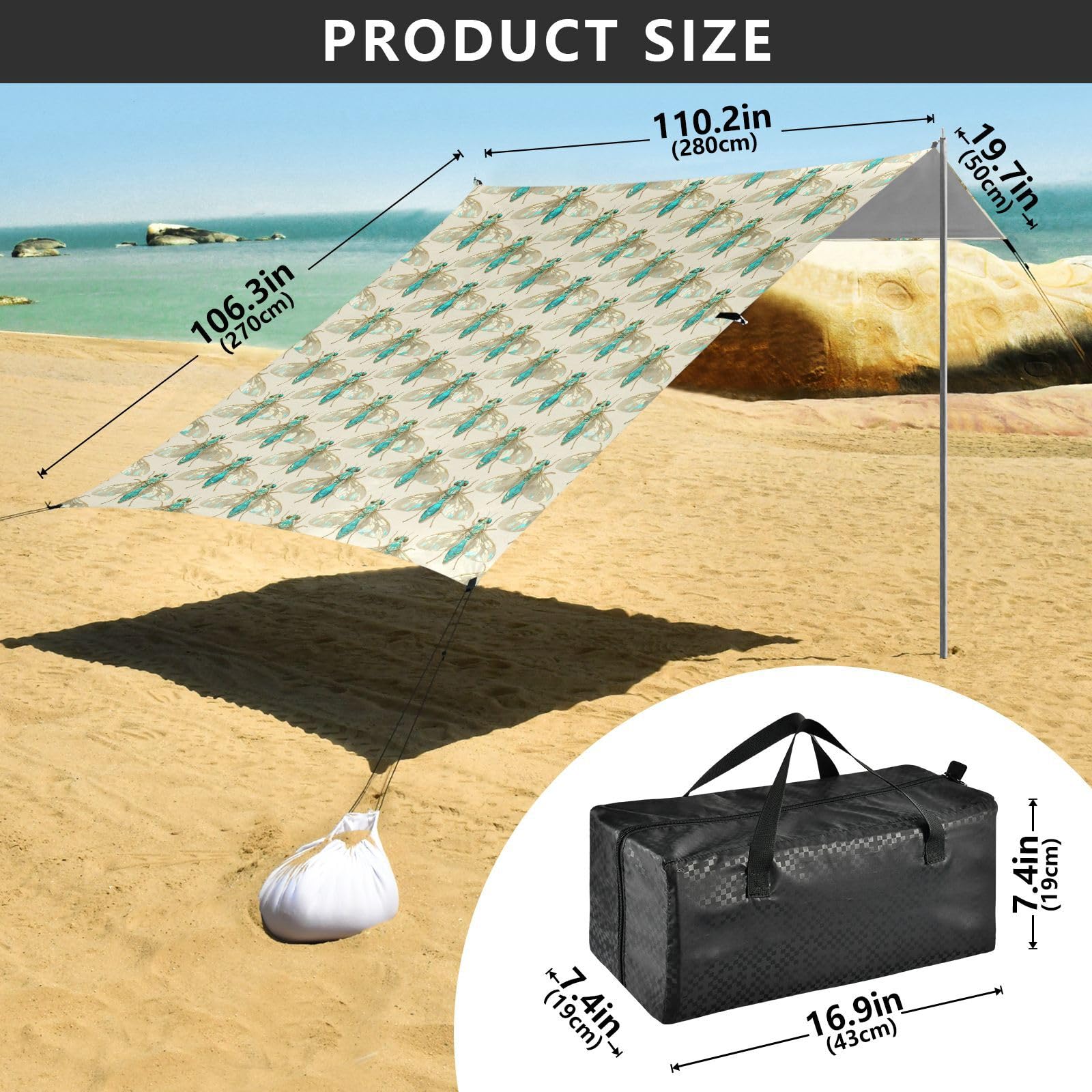 Grand pare-soleil bleu Cicada UPF50 facile à installer avec pelle à sable pour le camping, la pêche, le plaisir dans le jardin ou les pique-niques
