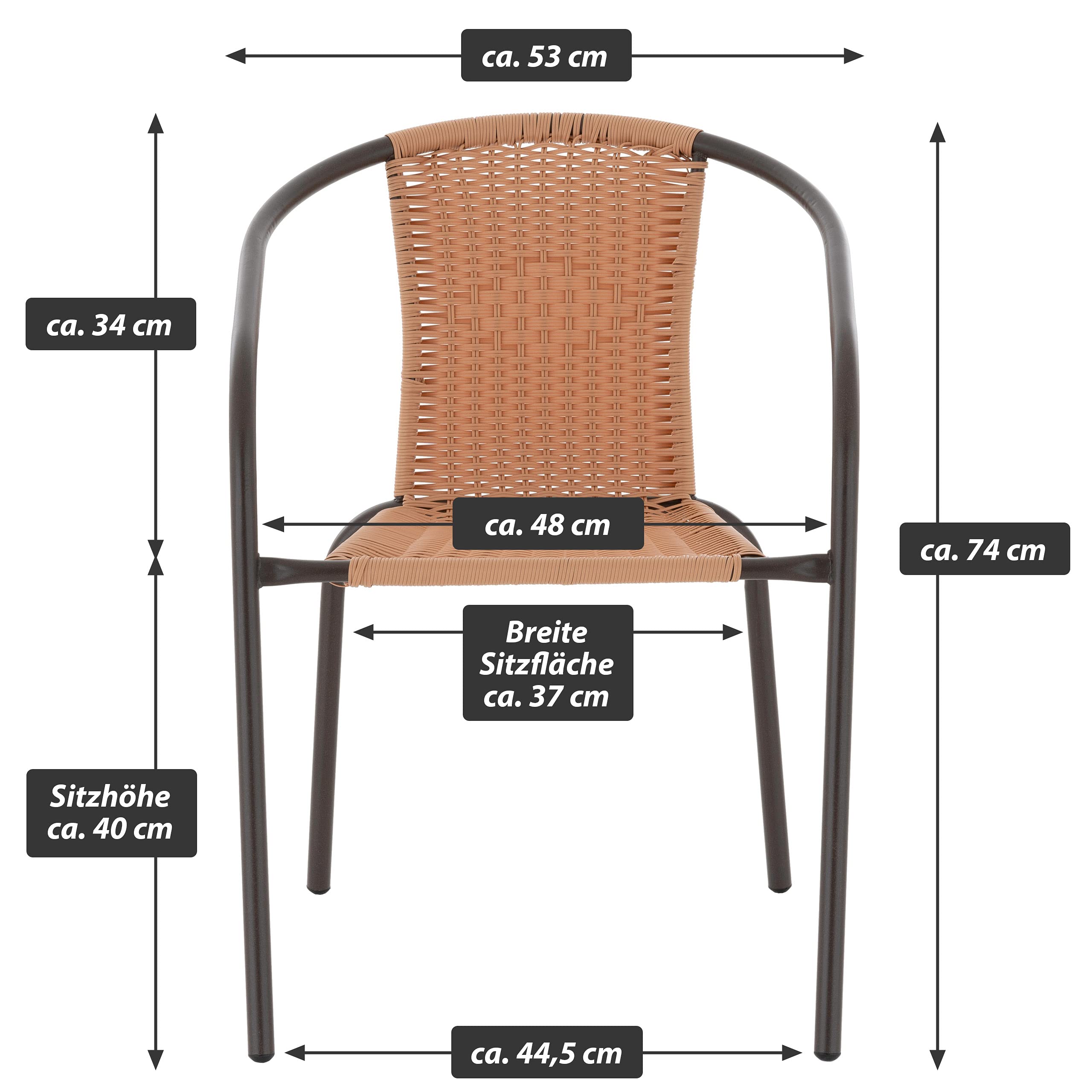 Nexos Trading 4er Set Bistrostuhl Stapelstuhl Balkonstuhl Rattanstuhl Terrassenstuhl – Poly-Rattan Stahlgestell –pflegeleicht robust stapelbar – Farbe Hellbraun