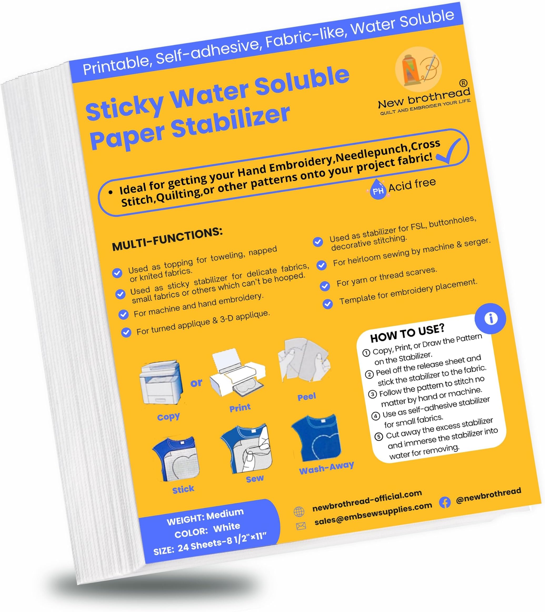 New brothread 24PCS 8.5"x11" Sticky Water Soluble Embroidery Stabilizer Printable Paper Stabilizer - Medium Weight - Allowed for Print or Draw Patterns Best for Hand & Machine Embroidery | Printable Paper Stabilizer, Medium Weight, Allowed for Print or Draw Patterns, Best for Hand & Machine Embroidery