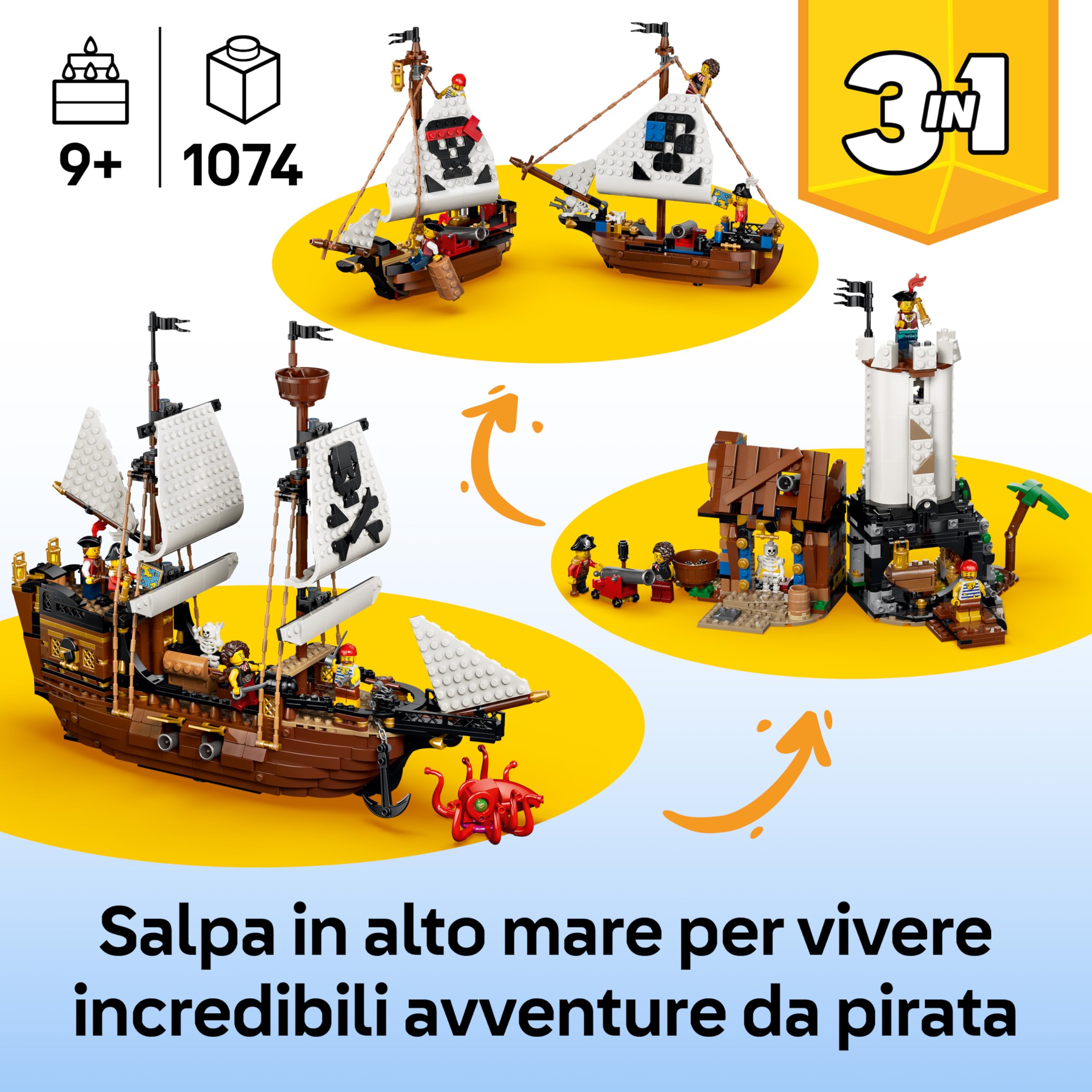 LEGO Creator 3 in 1 Iconica Nave da Pirata - Giocattolo Trasformabile in Castello o in 2 Barche Gemelle - Decorazione per la Cameretta - Regalo di compleanno per Bambini e Bambine da 9 Anni - 31387