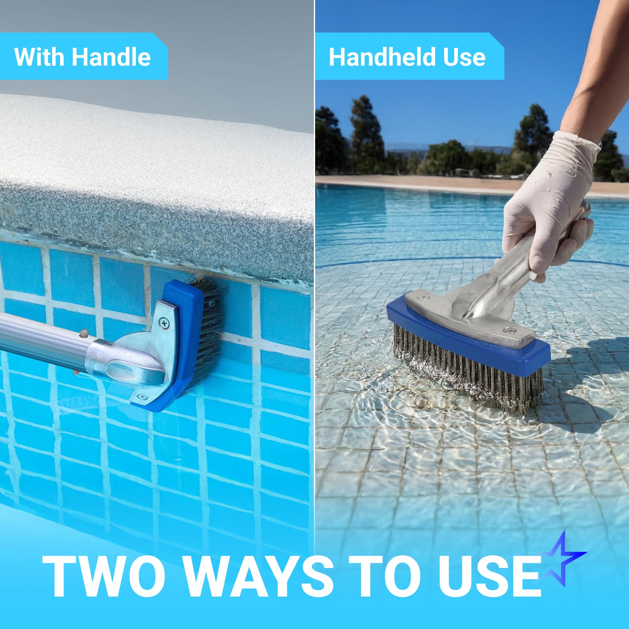 BlueStars Cepillo de piscina resistente de 12,7 cm con alambre de cerdas de acero inoxidable y mango de aluminio de 12,7 cm, adecuado para hacer frente a manchas difíciles en paredes, azulejos,