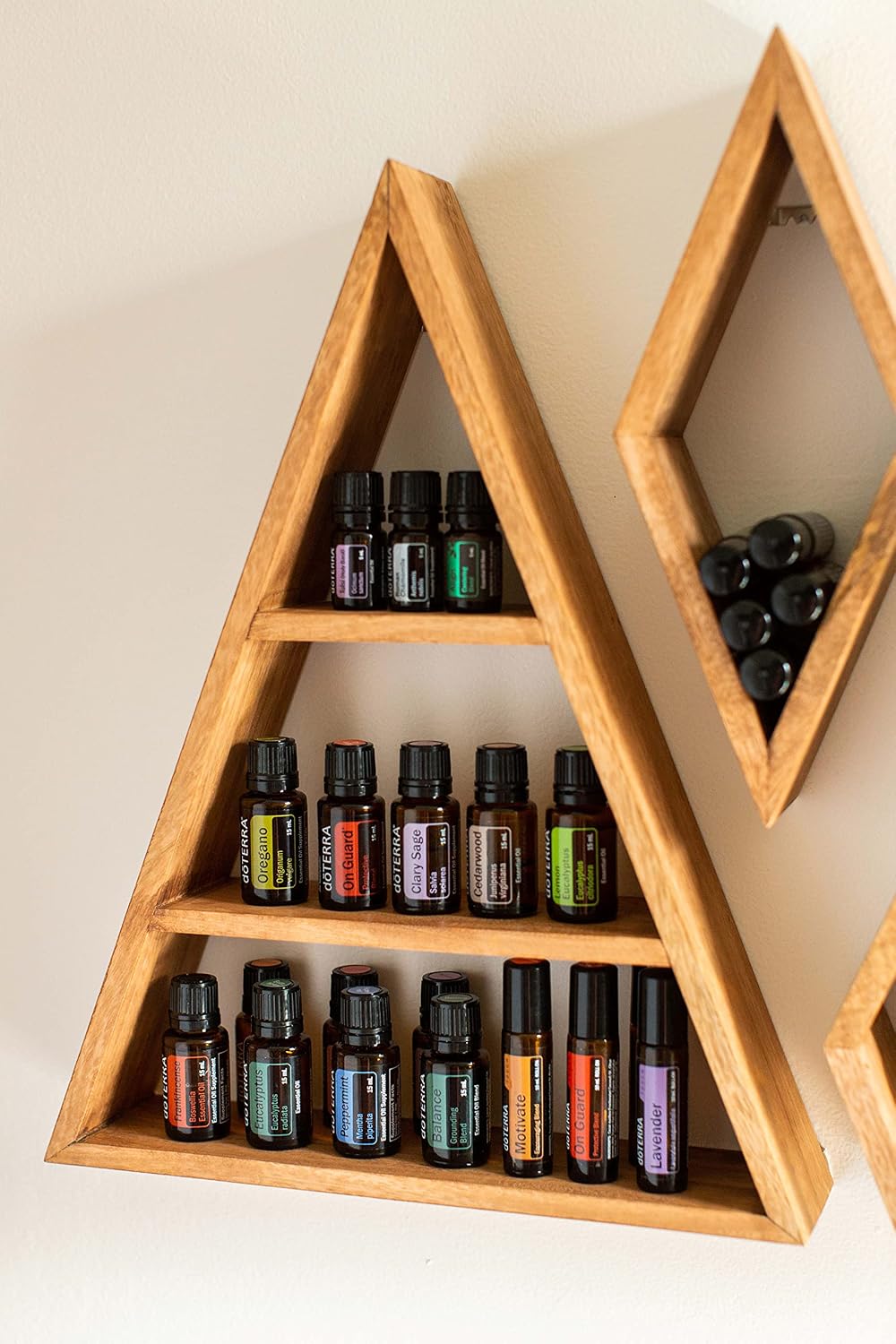 Essential Oil Storage - Wall Mounted Floating Essential Oil Holder - Wooden Triangle Display Shelf for Collectibles, Crystal Display Shelf, Nail Polish Organizer, Apothecary Shelf, Boho Chic Decor image 2