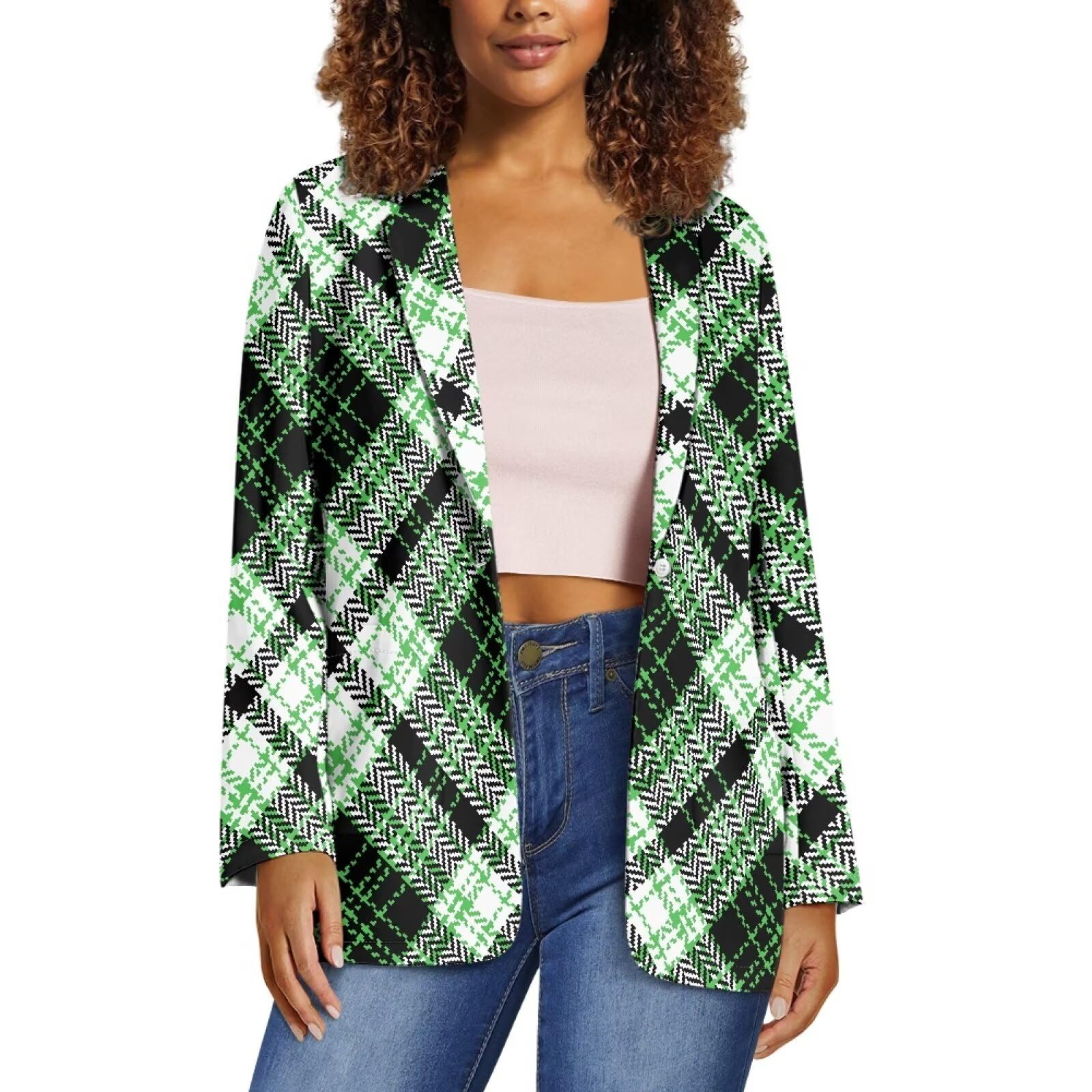 Houndstooth Plaid Blazer Women Open Front Blazers Long Sleeve Button Down Suit Coats Parties Vacation Outfits