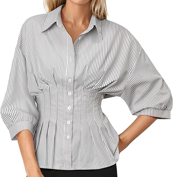 Women Pleated Peplum Blouse 3/4 Sleeve Button Down Cinched Waist Shirt Fitted Flattering Office Daytime Top