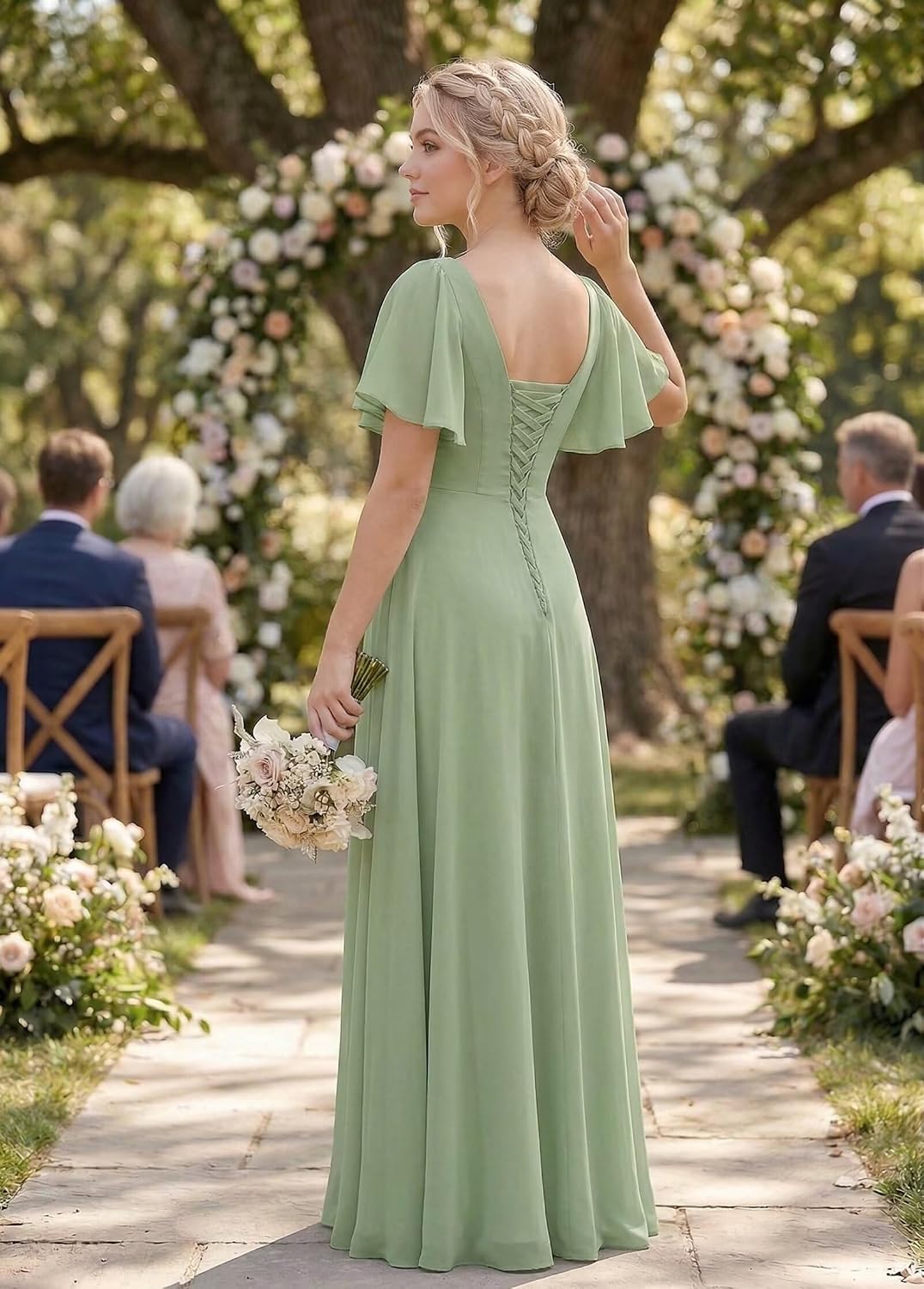 Square Neck Junior Bridesmaid Dresses Chiffon Short Sleeve Flower Girl Dresses for Wedding Party Guest Dress for Girls