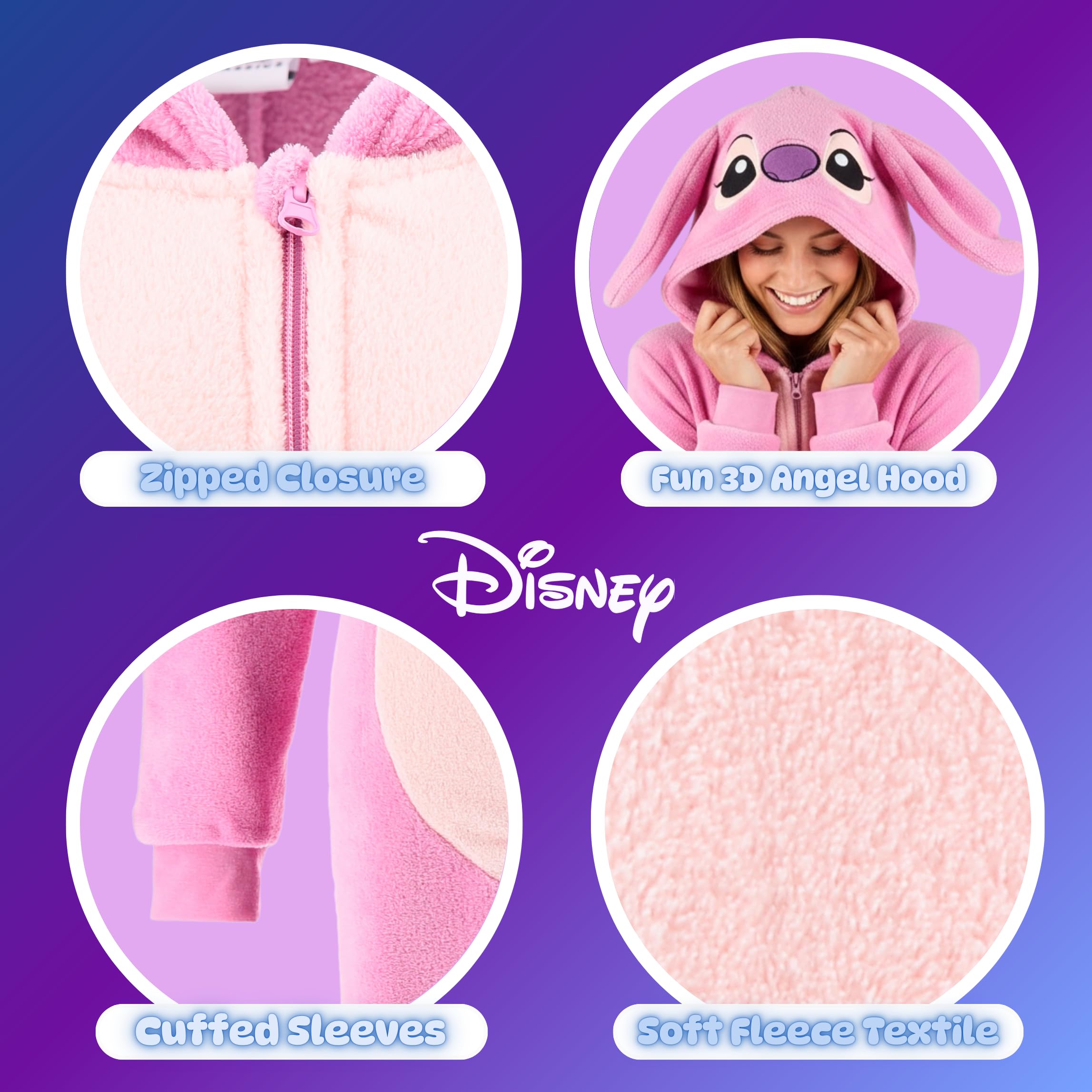 Disney Stitch Pyjama Femme, Pyjama Une Pièce à Capuche 3D Angel en Polaire Douce, Cadeau pour Femmes, Filles et Adolescents