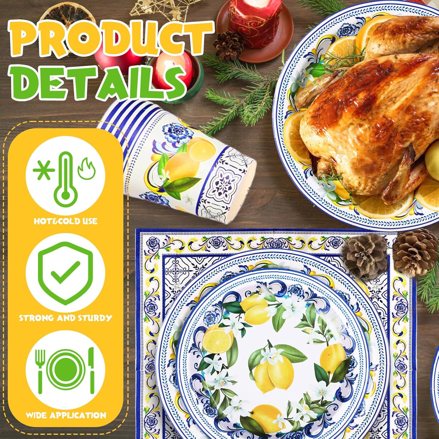 194 Pcs Capri Lemon Birthday Party Supplies Disposable Tableware Set Capri Lemon Banner Paper Plates Napkins Cups Cutlery Tablecloth for Bridal Shower Party Decor, Serves 24 Guests - Image 4