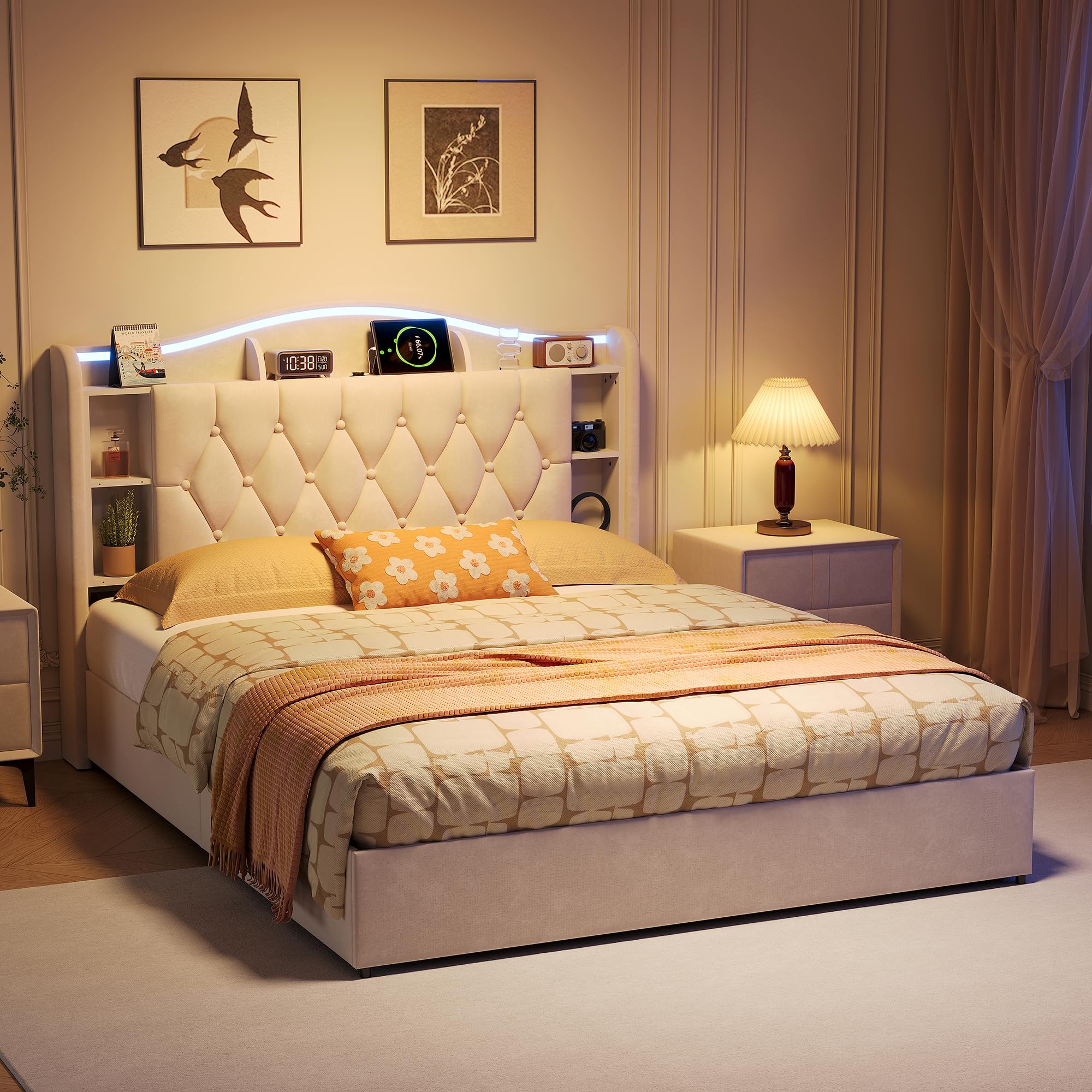 Letto Matrimoniale 160x190 con Contenitore Idraulico, Letto Imbottito in Velluto con LED RGB e USB/Type-C, Testiera con Ripiani Portaoggetti, Struttura Letto con Rete a Doghe (Beige-a, 160x190)