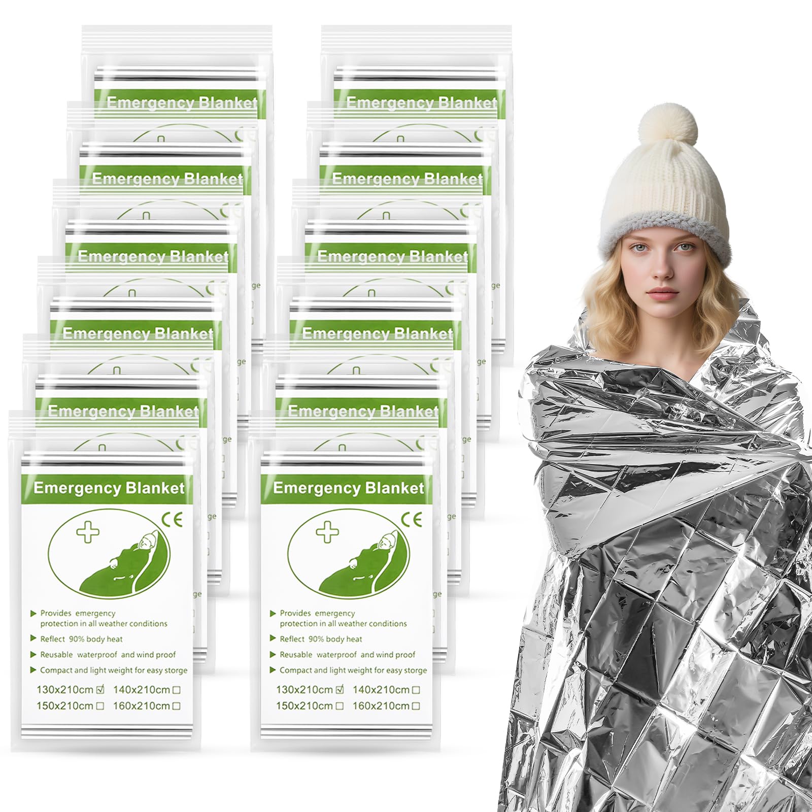 MOXYOY Emergency Blankets, Survival Foil Thermal Blanket 210×130 cm, Foil Mylar Thermal Blankets for Outdoors, Camping, Hiking (Silver Pack of 12)