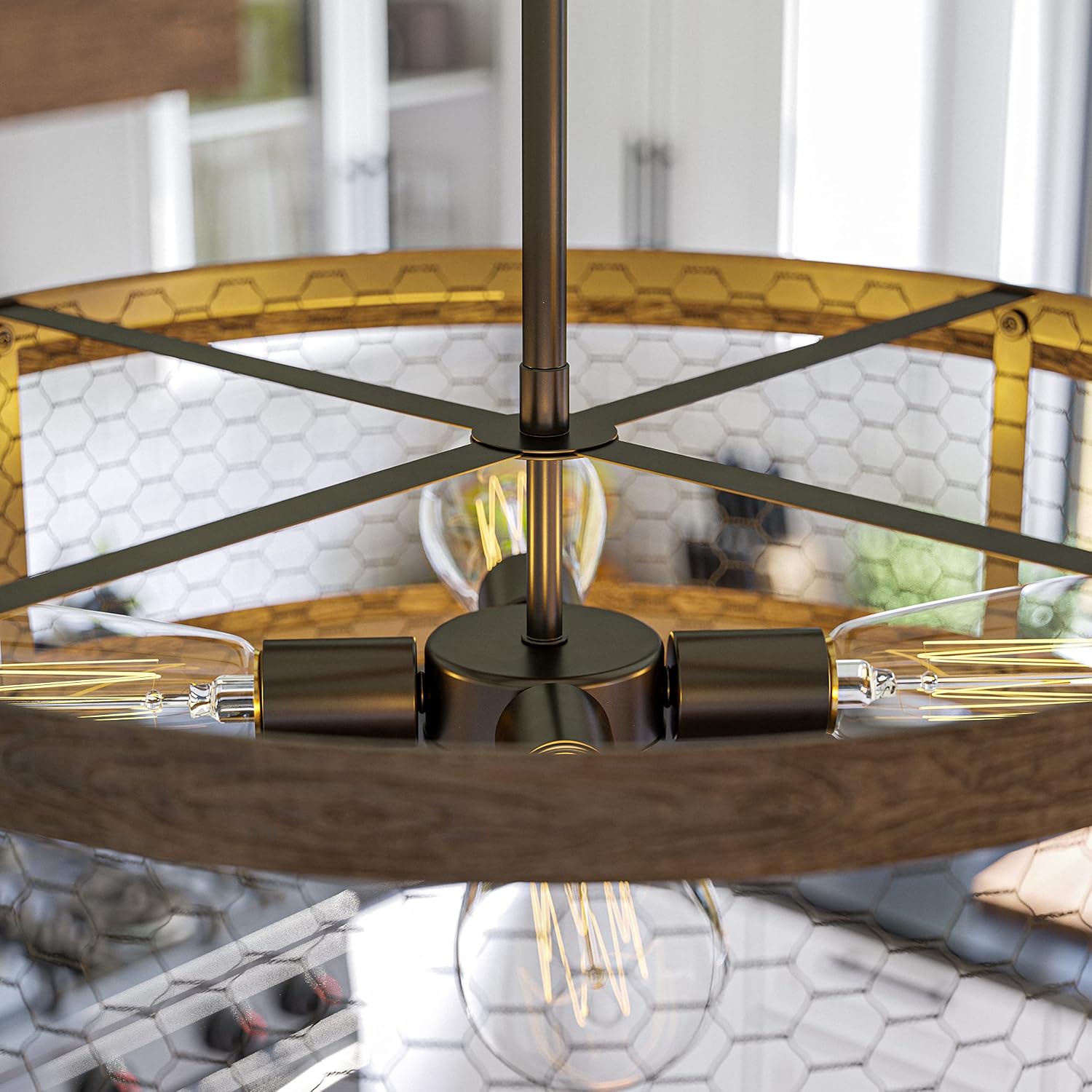 Kenroy Home 94046ORB Cozy 4 Light Pendant with Wood and Oil Rubbed Bronze Finish, Rustic Style, 7" Height, 20.375" Width, 20.375" Depth