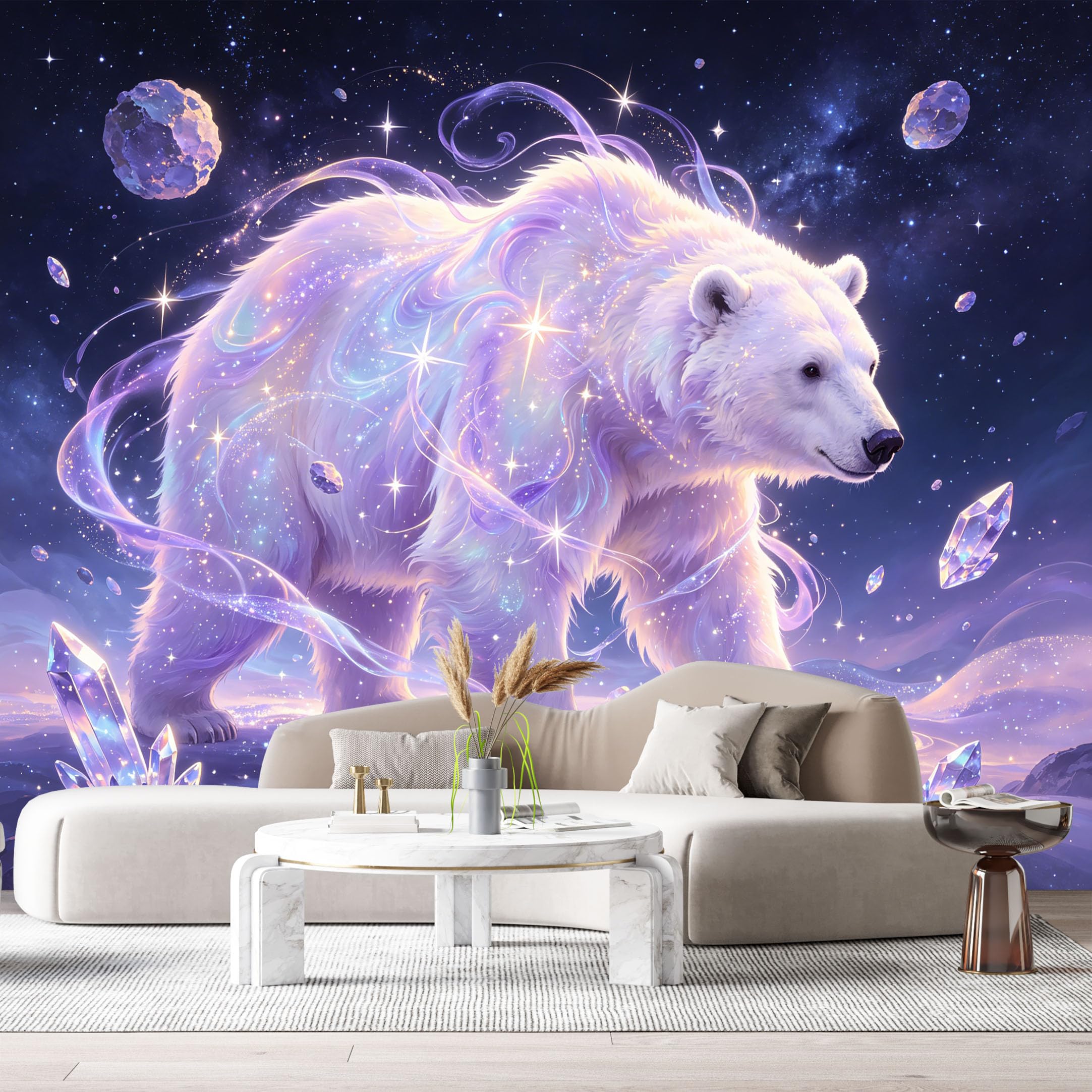 Custom Size Wall Murals Cosmic Polar Bear Fantasy Watercolor Aurora Night Sky Crystals SelfAdhesive Wall Fabric Removable Large Wallpaper for Photo Living Room
