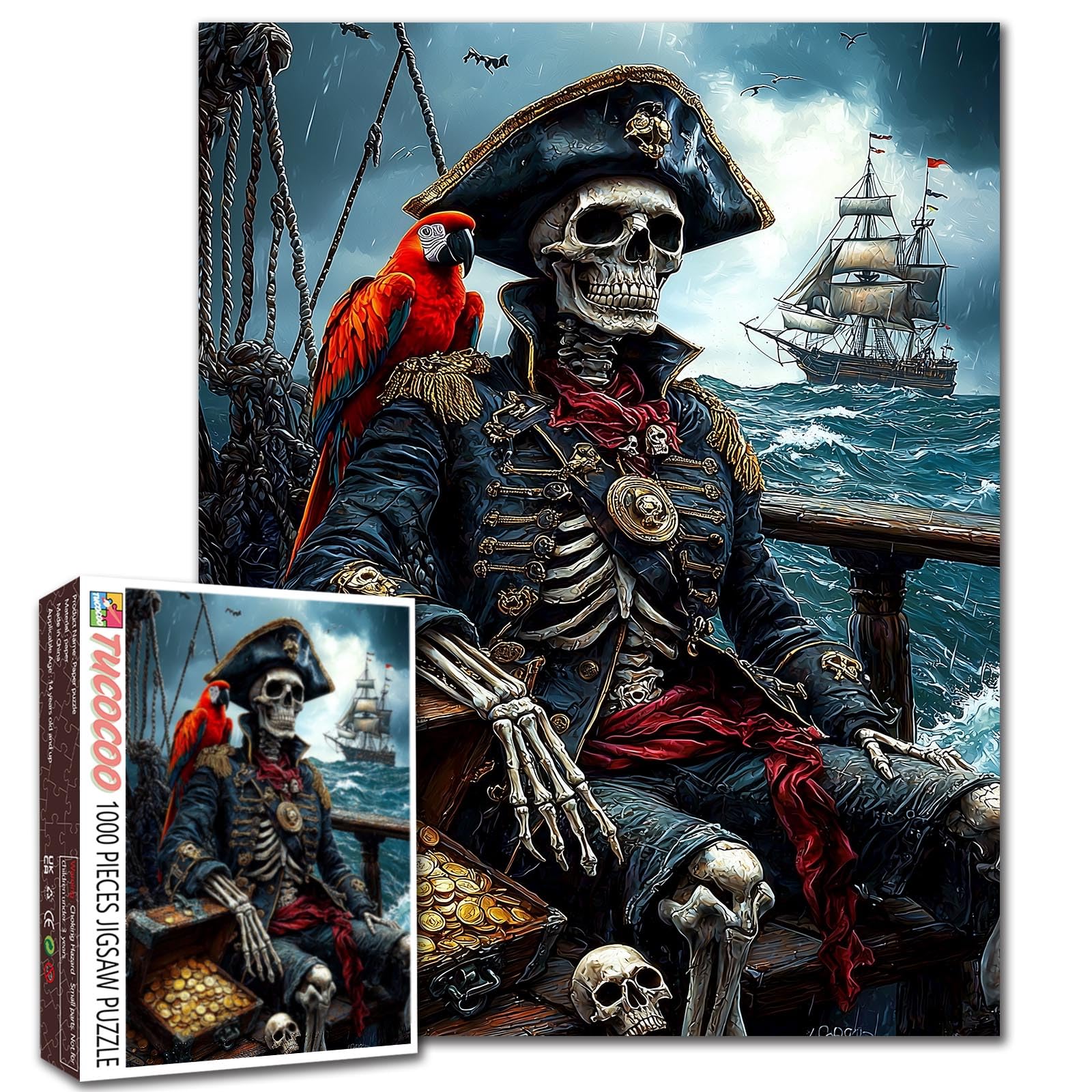 Aihonmin Pirate Captain Jigsaw Puzzles 1000 Pieces for Adults Skull Pirate Art Jigsaw Puzzles for Challenging Family Games Skeleton DIY Handwork Puzzle for Home Wall Decor Gifts 20x27 Inches