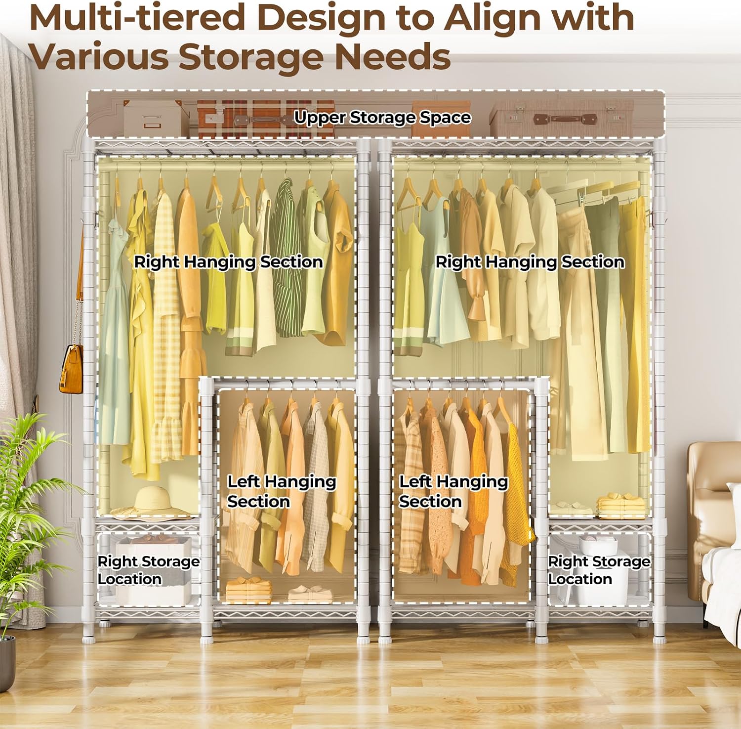 Multi-tiered design of HYSEYY Clothes Rack showing upper storage, right/left hanging sections, and right/left storage locations