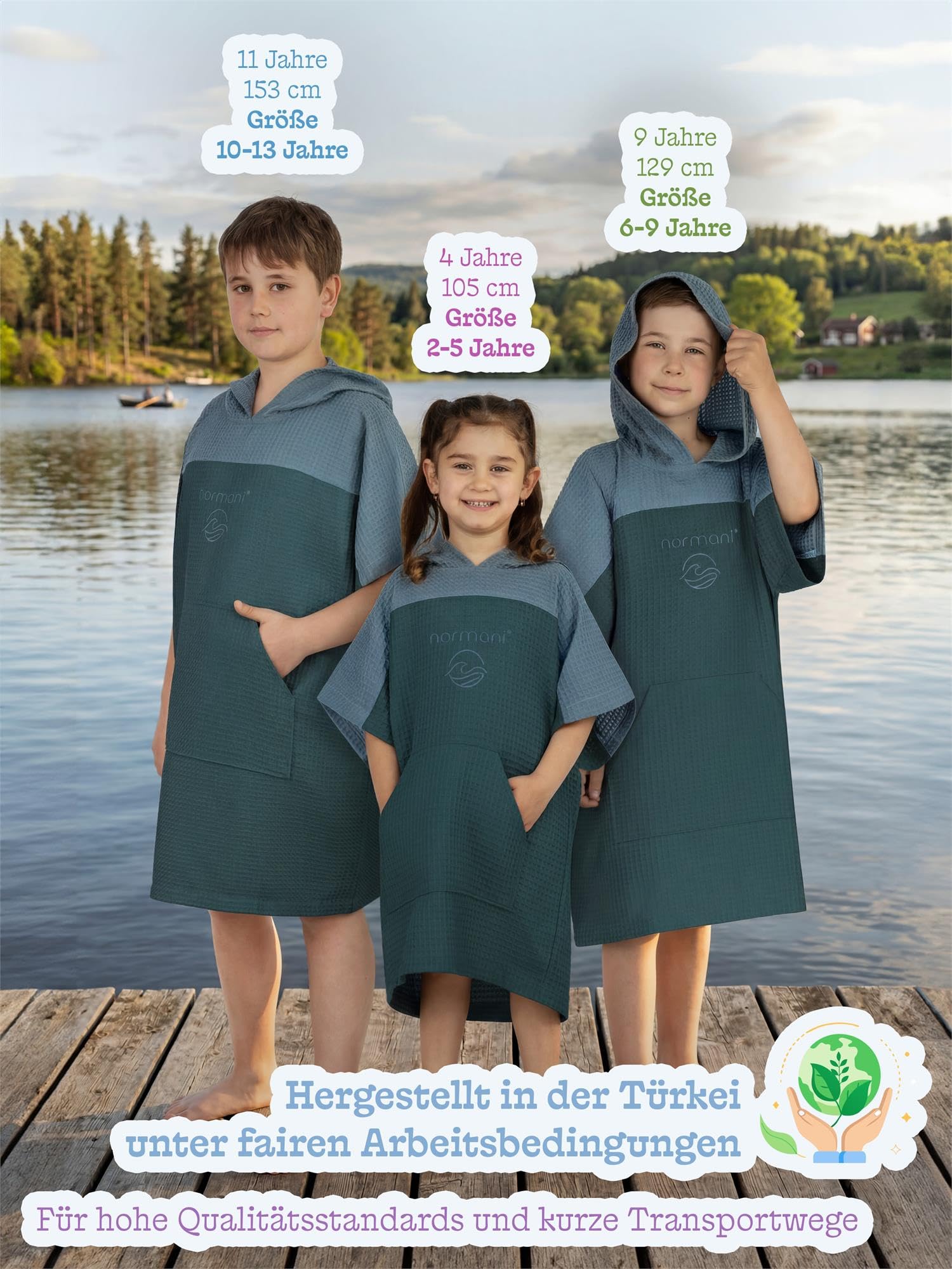 normani Kinder Badeponcho aus Waffelpique 100% Bambusviskose - Handtuch-Poncho mit Kapuze leicht und kompakt - Surfer Poncho in Europa hergestellt