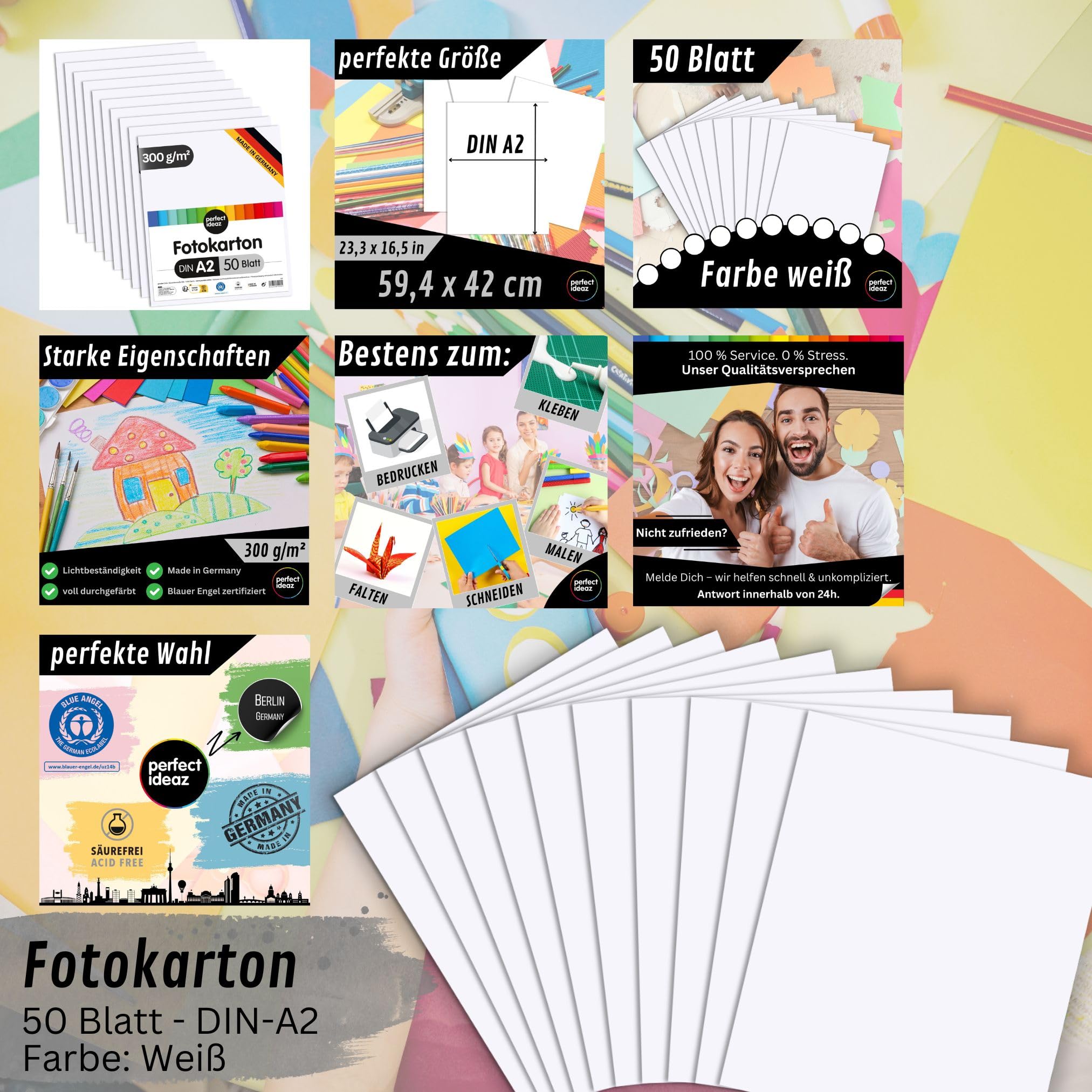 perfect ideaz 50 Blatt Fotokarton DIN-A2, Weiß, stabiler recycling Karton 300 g/m², Made in Germany, Blauer Engel zertifiziert (1 x 50 (50 Blatt))