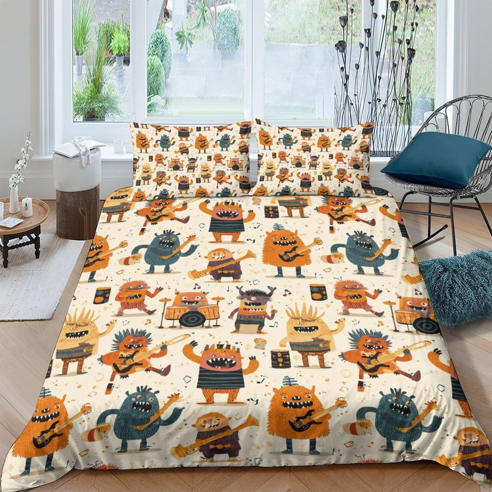 Ctjqhvkz Style-10 3D Printed Playful Monster Fitted Sheet Microfiber Soft Orange Blue Cartoon Mattress Cover For Bedroom Dorm Decor Single（135X200cm）