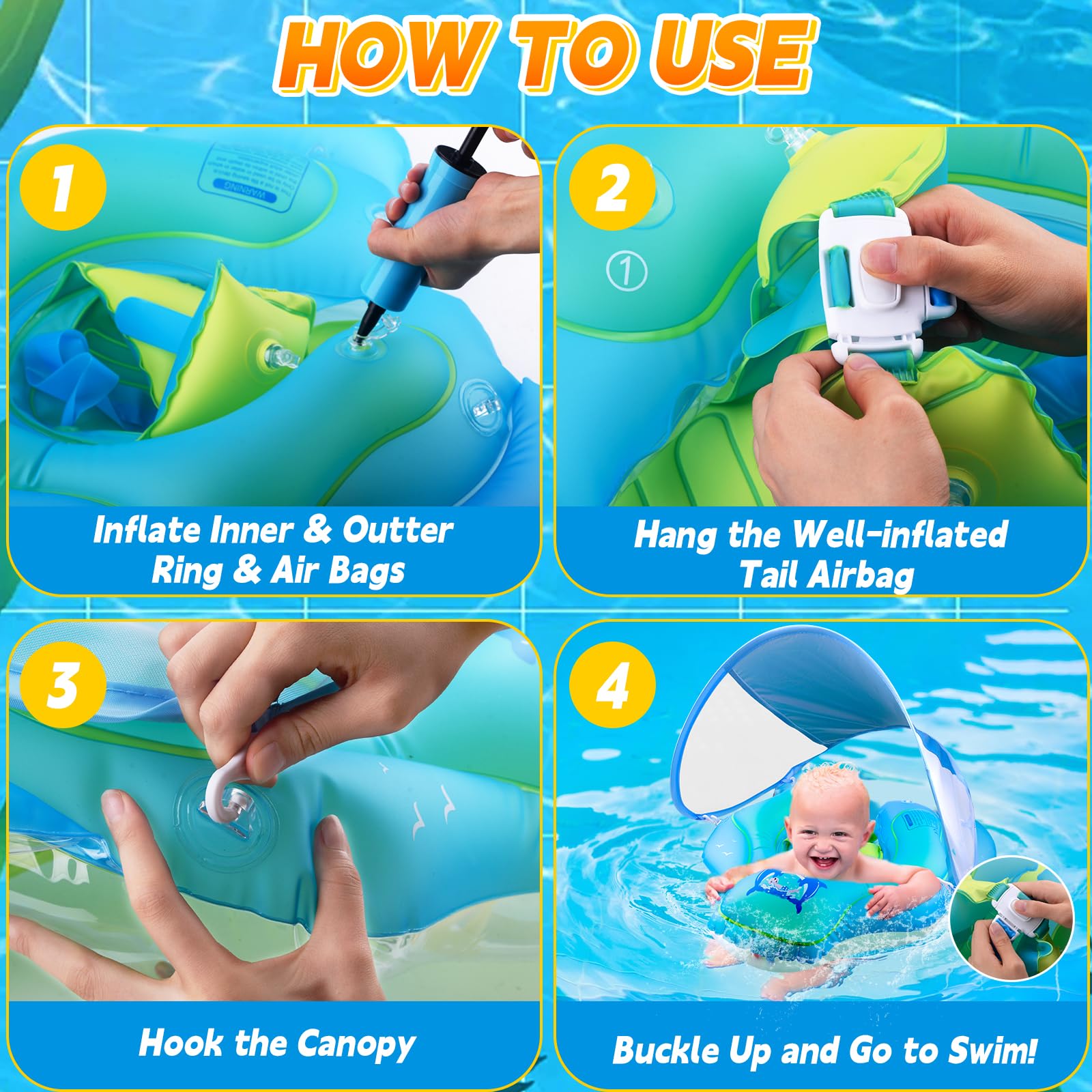 Baby Swimming Float, Baby Pool Float with Canopy, Inflatable Whale Baby Swimming Ring with Safety Seat - Image 7