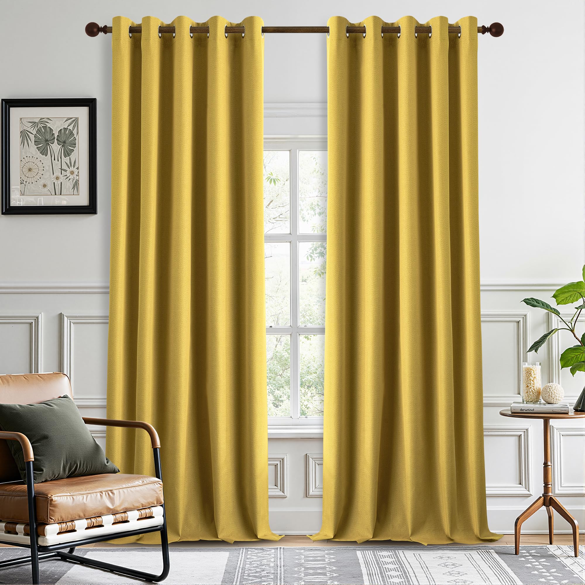 Photo 1 of DONREN Thermal Insulated Linen Full Blackout Curtains 66x95 Inches, Grommet Room Darkening Drapes for Bedroom & Living Room, 2 Panels, Gold Yellow