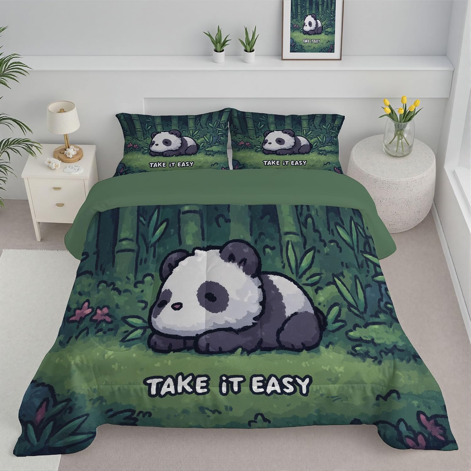 Dark Green 68" x 86" Duvet, Reversible Coverless Children Boys Girls 2 Duvet, Twin Washable Quilt 7.5 Tog for All Seasons, Watercolor Animals Comforter with 1 Pillowcases