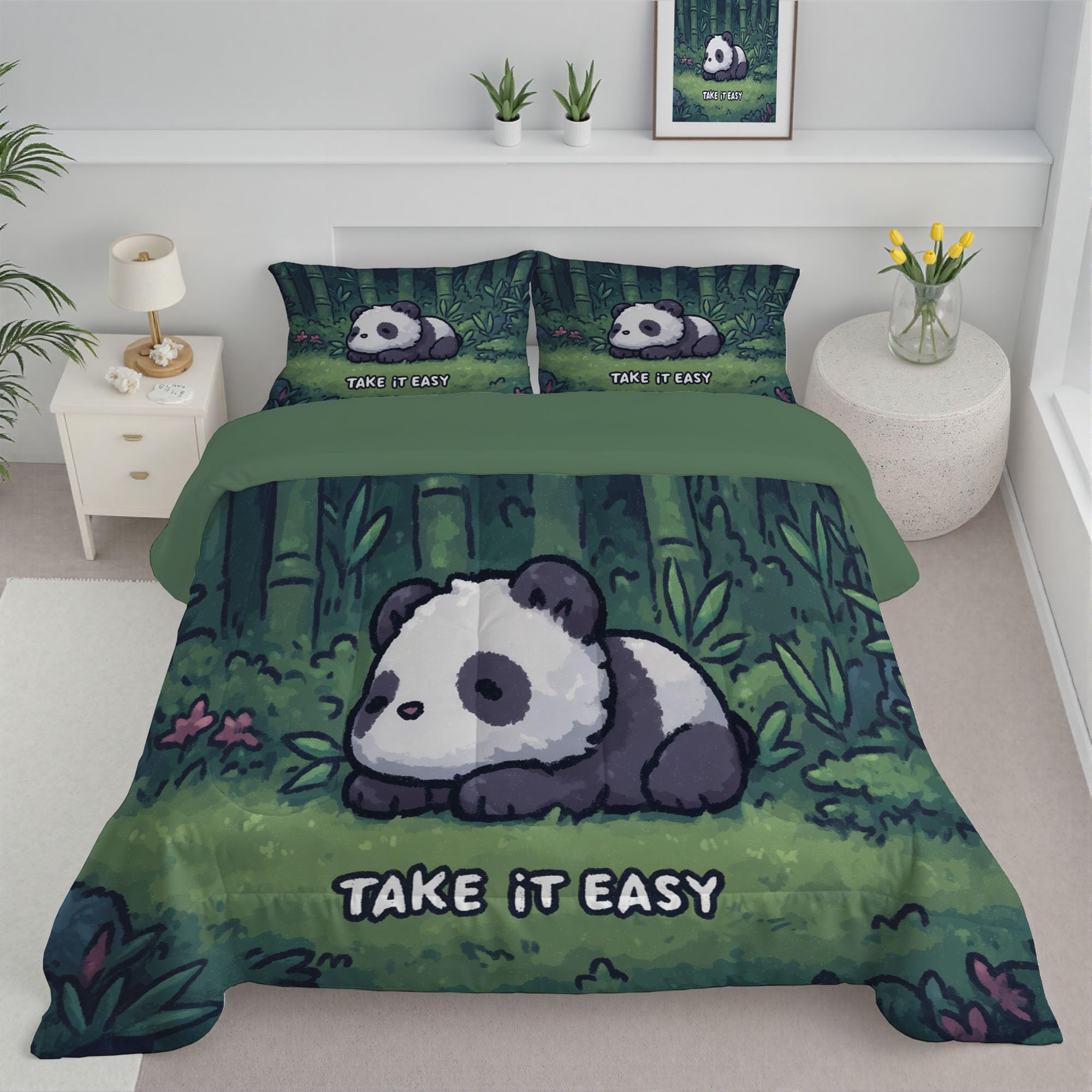 Trapunta Letto Singolo 4 Stagioni Piumone per Bambini, Divertente Panda Leggero Acquerello Animali Set di Biancheria da Letto 140x200cm con 1 Federe,Piumino Lavabile In Lavatrice